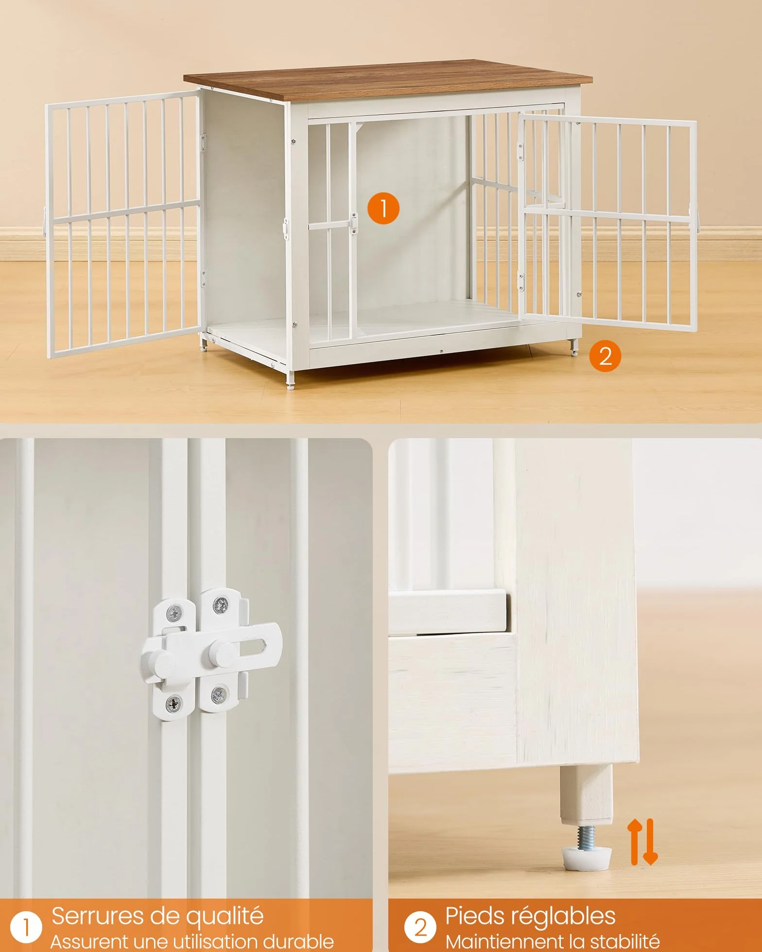 Feandrea Meuble Cage pour Chien Table d'Appoint Fond Plein 2 Portes 82x55x64 cm pour Chiens Jusqu'à 20 kg Blanc Nuage Marron Miel