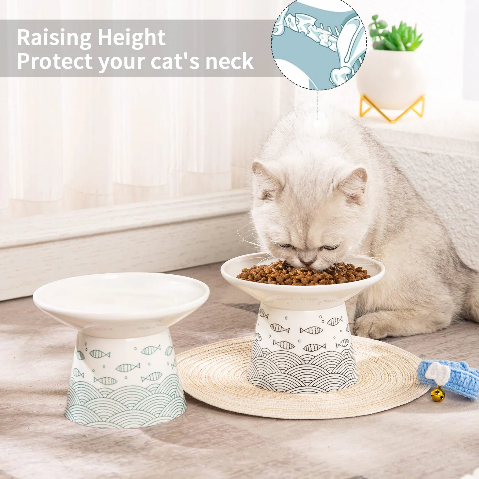 Lot de 2 gamelles surélevées en céramique extra larges de 16,7 cm pour chat âgés, grands chats et petits chiens, design surélevé pour animaux de compagnie facile à manger, protège la colonne