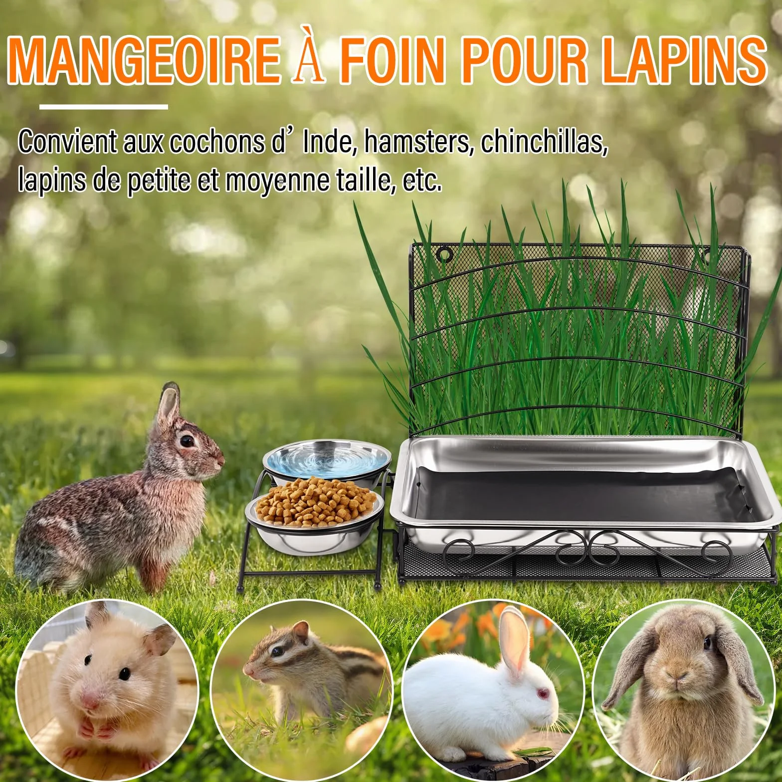Mangeoire à Foin Pour Lapin 3-en-1 Avec Tapis Imperméable et Bol d'Eau