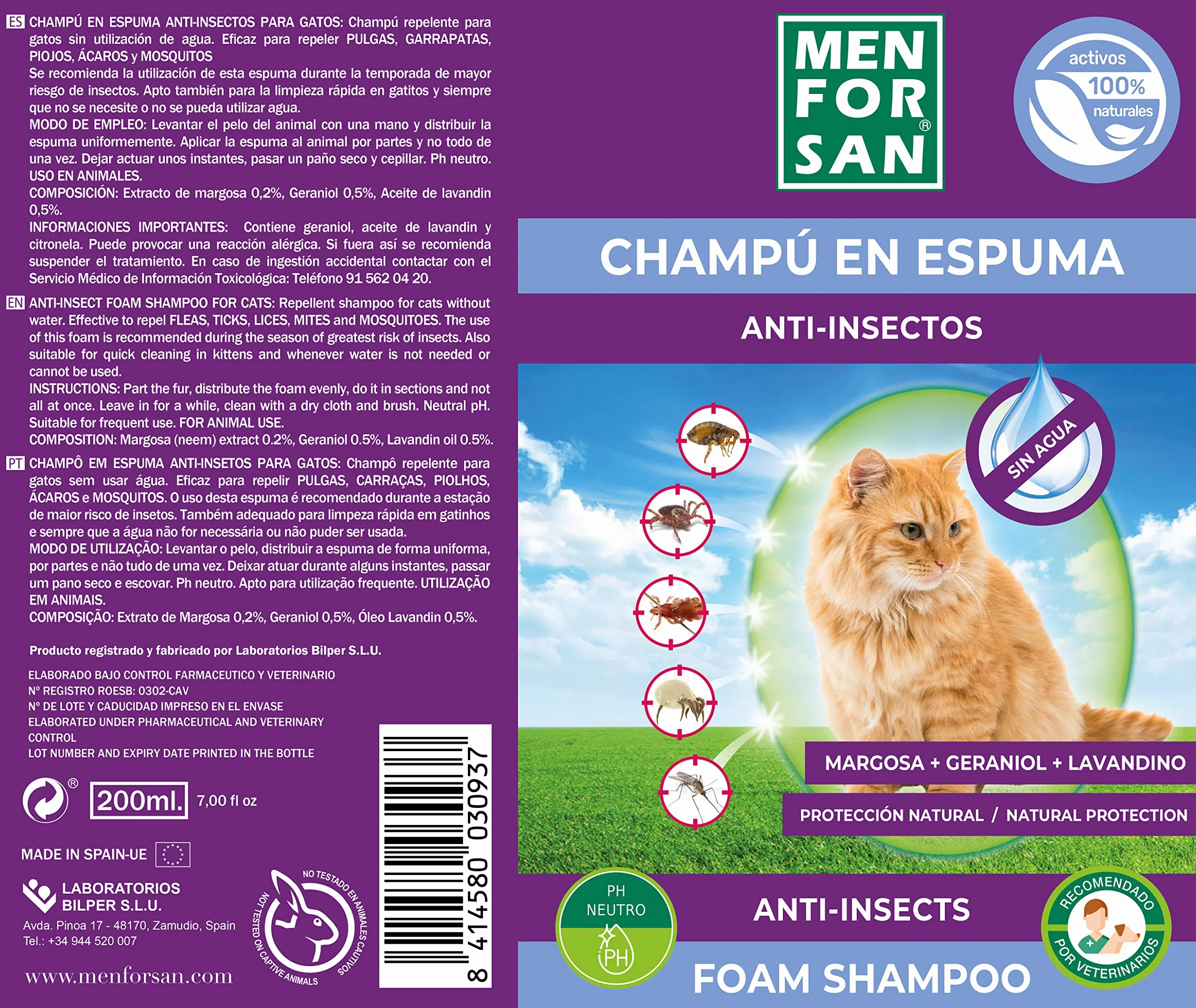 MENFORSAN Shampooing Moussant Anti-Puces pour Chats 200ml Margosa Geraniol Lavandin
