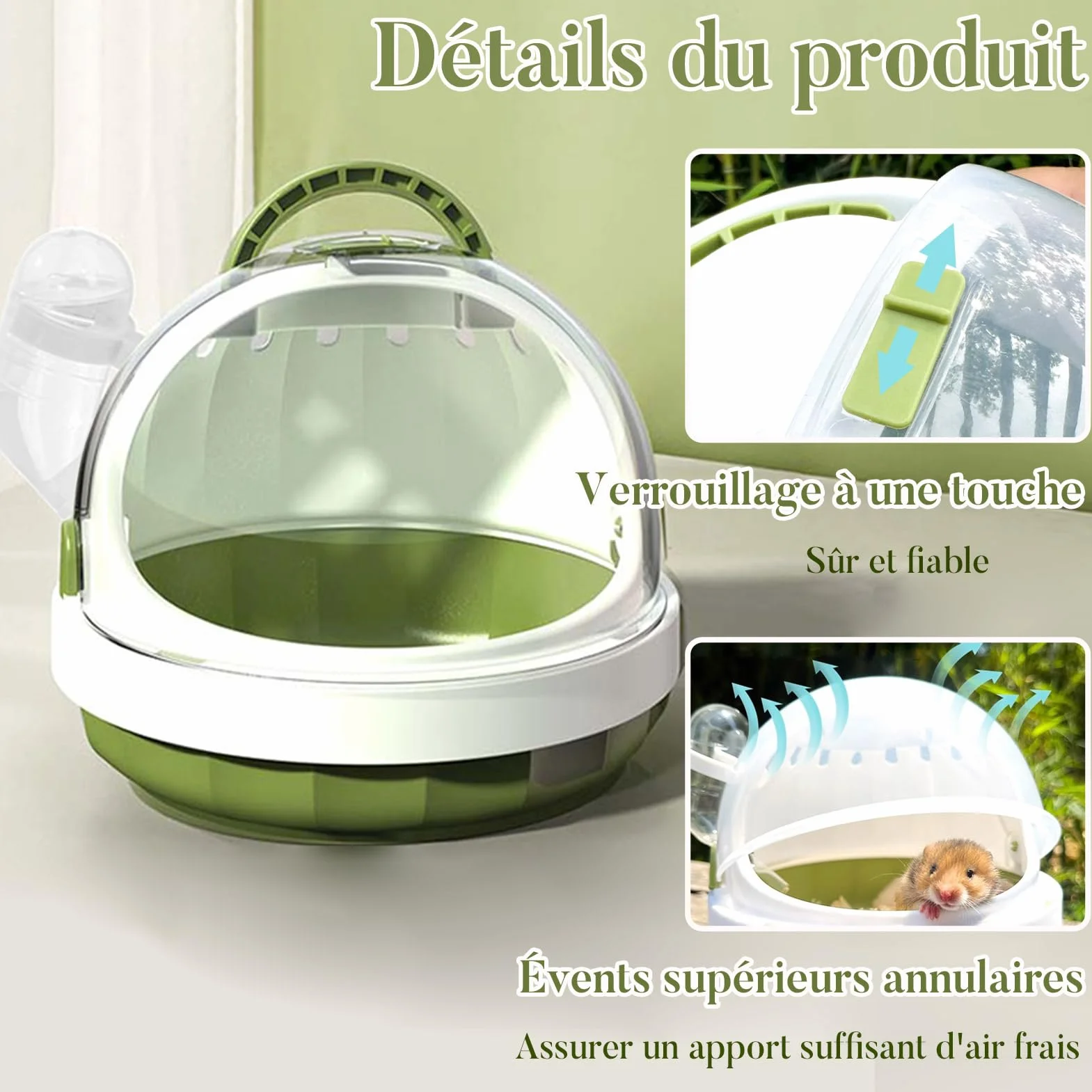 Cage de Transport Portable pour Hamster, Transporteur pour Petits Animaux avec Aérations et Bouteille d'Eau Amovible