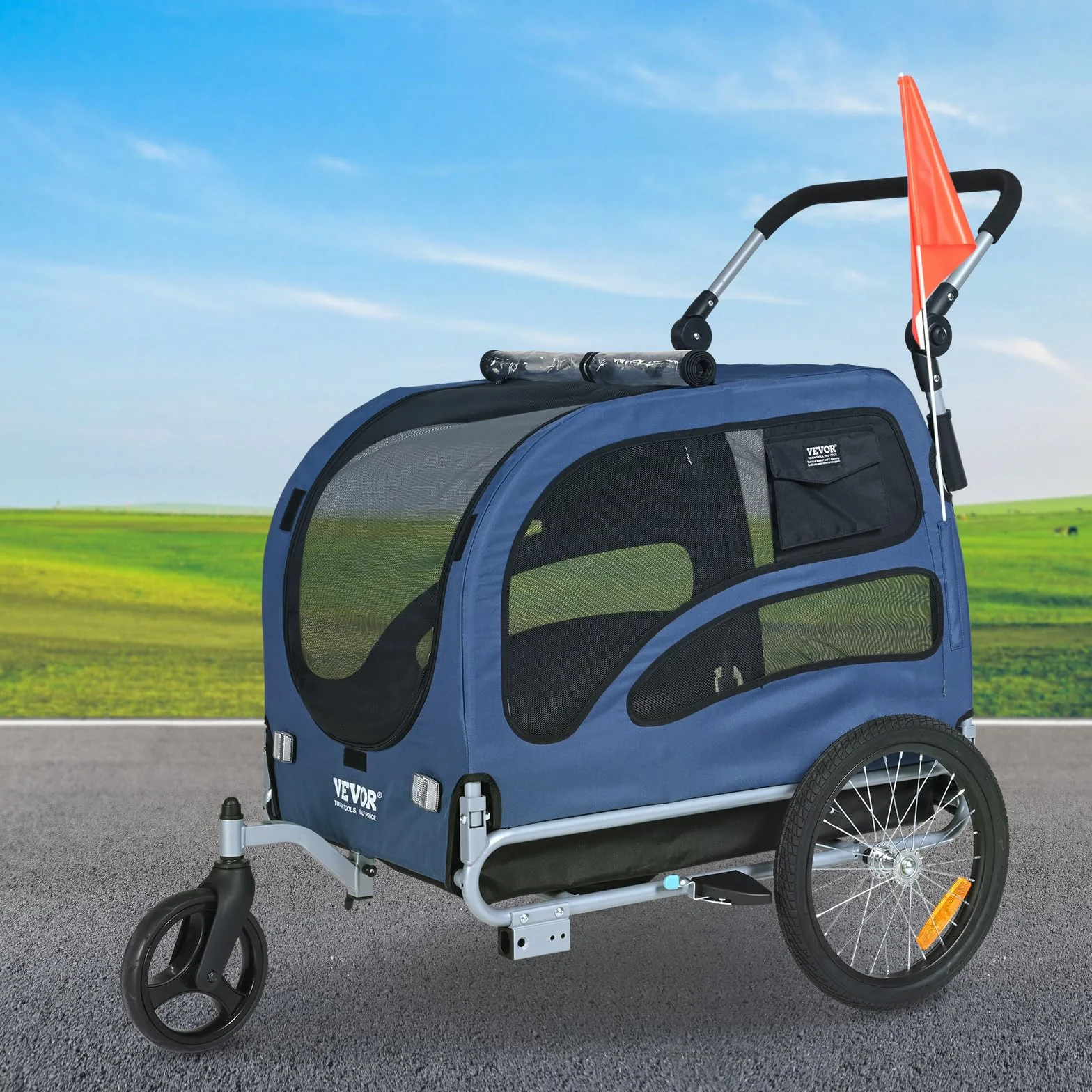 VEVOR Remorque de Vélo Chien Pliable 45 kg Poussette Animaux 2en1 Roues Dégagement Rapide Bleu/Noir