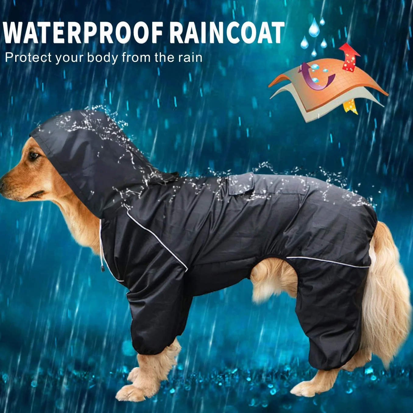 Idepet Imperméable pour Chien avec Capuche et Trou de col,Poncho de Pluie pour Chien Hoodies réfléchissants pour Chiens de Petite Taille et de Grande Taille