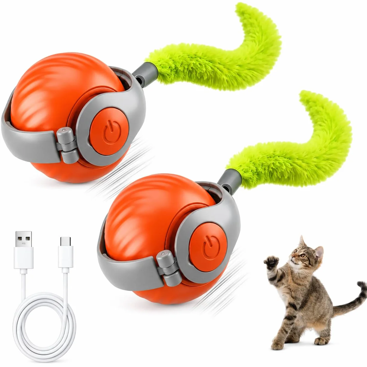 Jouet Chat Interactif Balle Interactive Automatique avec Queue Peluche, Jouet Chat Intérieur Rechargeable Orange