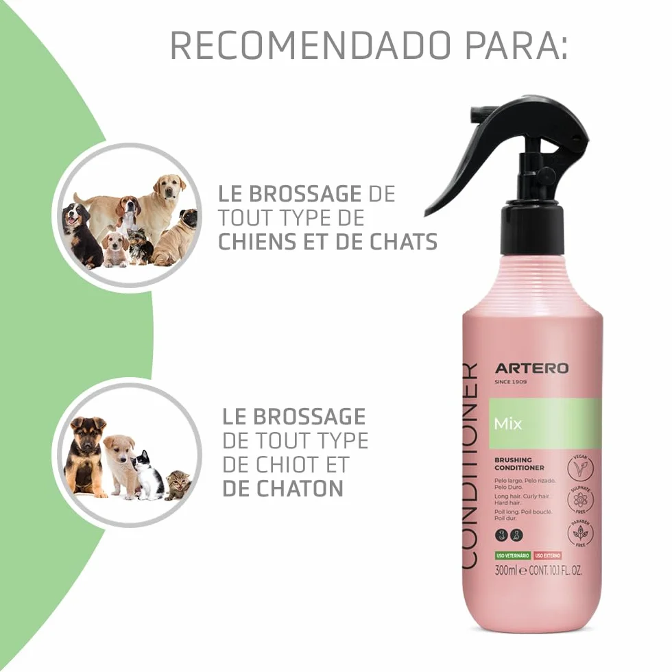 Artero Mix Conditioner sans rinçage pour Chiens et Chats – Démêlant, hydratant et lustrant – Spray Anti-Statique pour Poils secs ou emmêlés – Soin Professionnel du Pelage. 300 ML