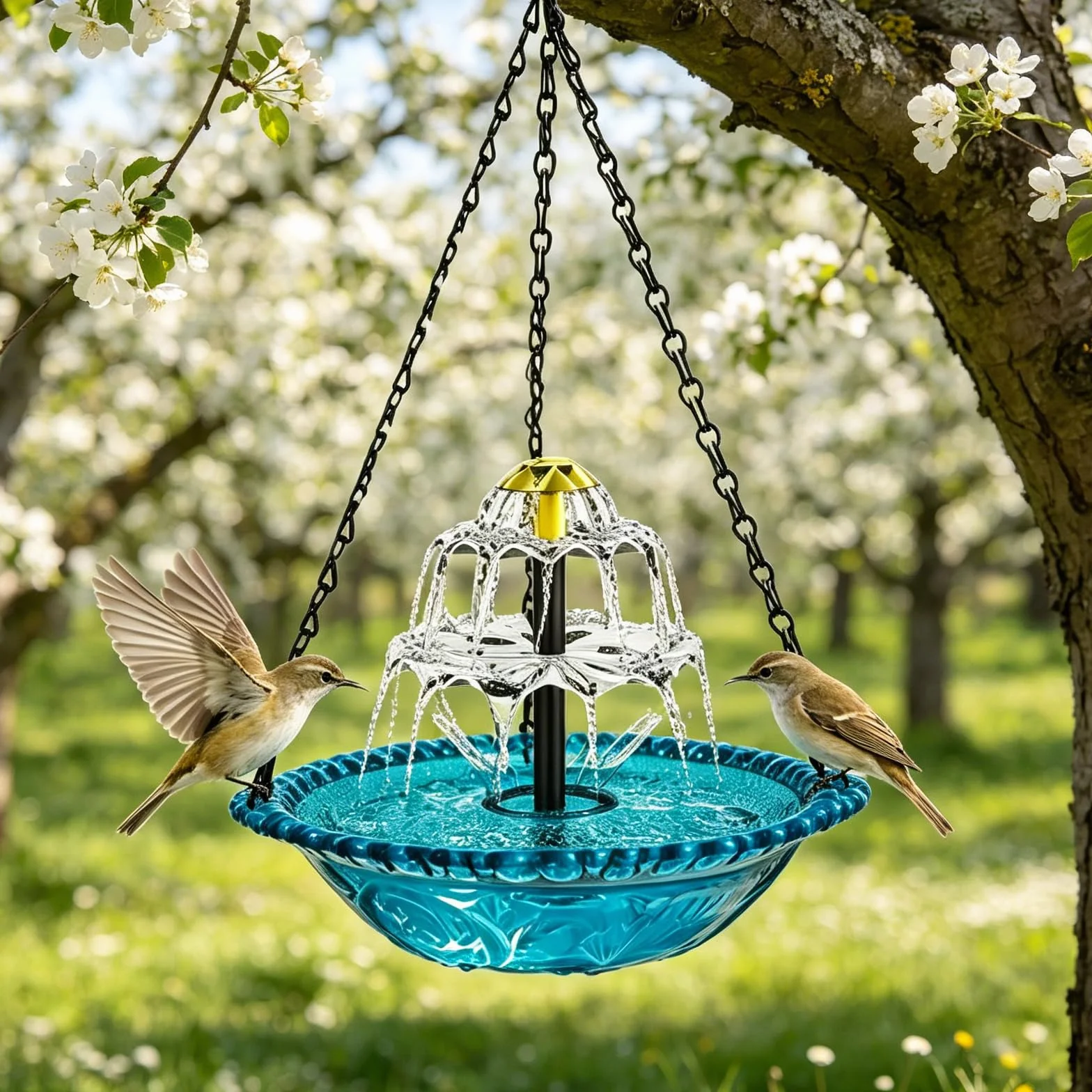 Bain d'oiseaux suspendu 3 niveaux avec fontaine solaire, bleu, chaînes en métal pour jardin