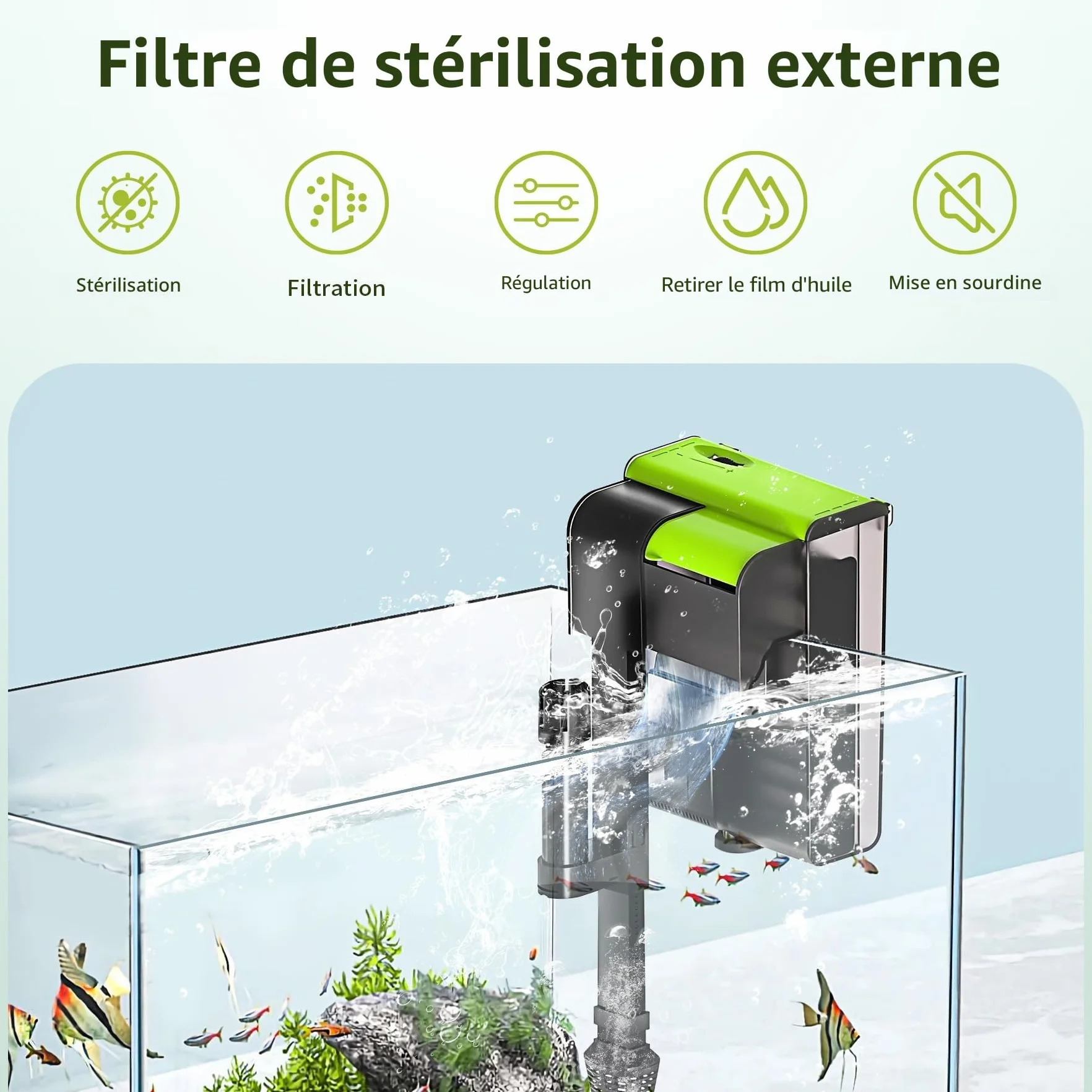 Forever Speed Filtre Externe Aquarium UVC 4-en-1 450L/h Cascade Hang on pour Aquariums 10-100L