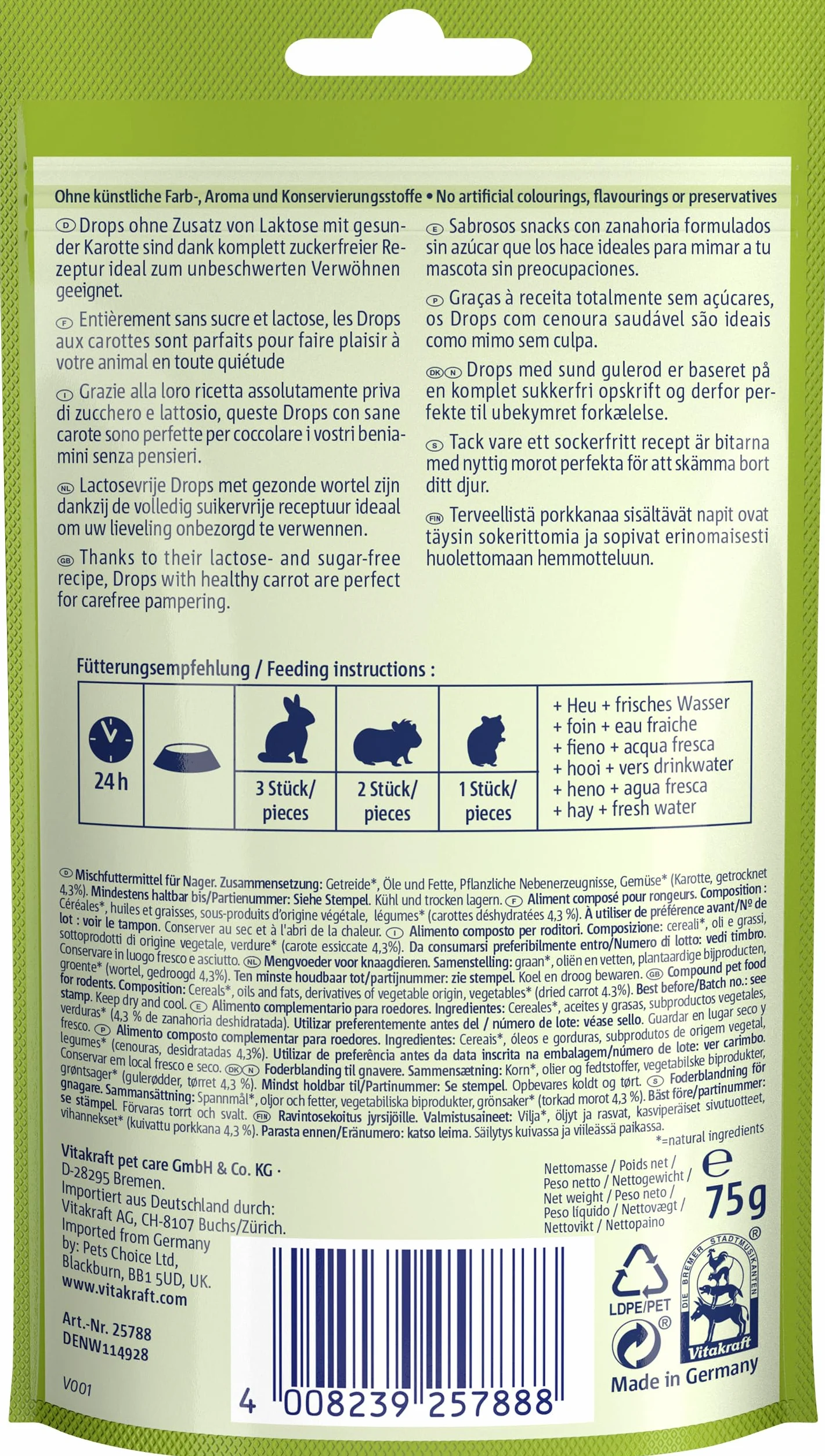 Vitakraft Drops - Friandise pour rongeurs à la Carotte - Recette sans Sucre ajouté (1 x 75g)