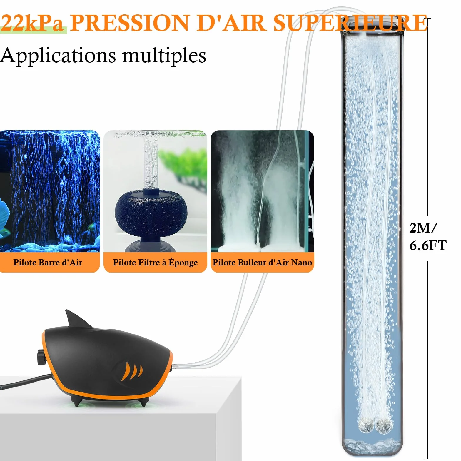 Pompe à Air Puissante pour Aquarium 420L/H 4W 2 Sorties Métalliques avec Lumière LED Réglable 30-600L