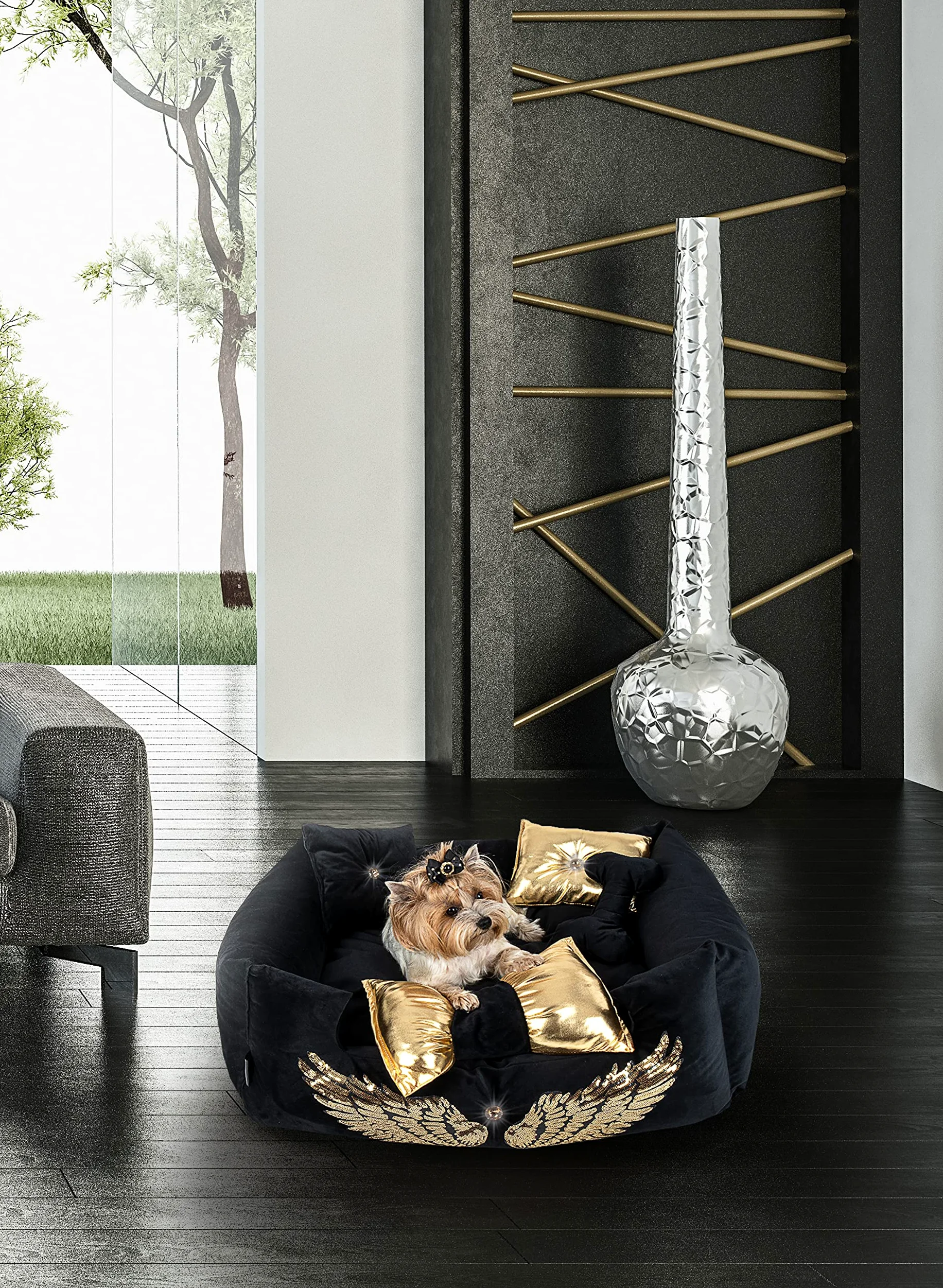 NELKE Lit pour chien, style glamour, canapé pour chien, noir avec ailes dorées, canapé de luxe pour chiens de petite et moyenne taille, coussin lavable