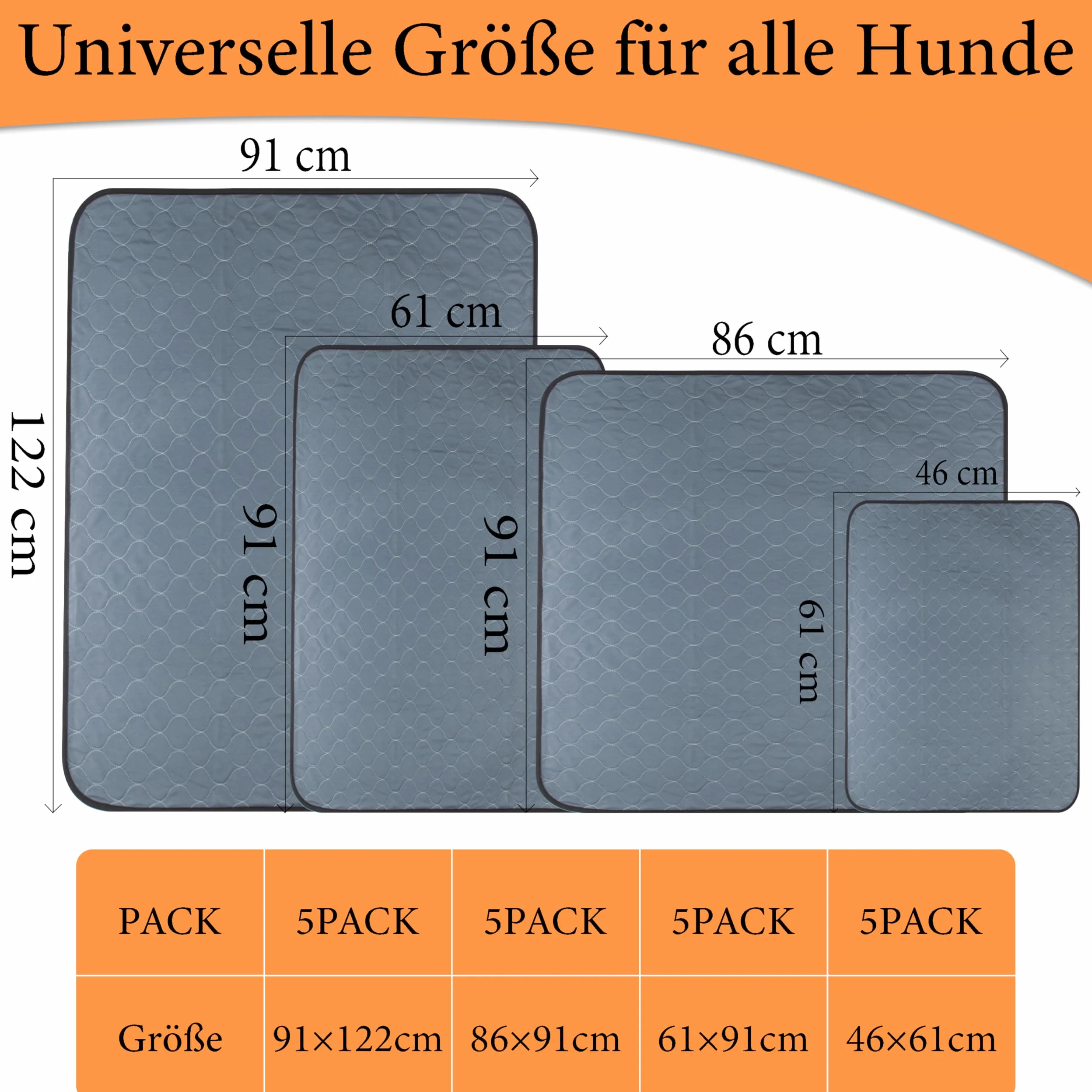Bunlitent Lot de 5 tapis réutilisables pour chien (91 x 122 cm) – Tapis d'urine pour animaux de compagnie lavables, absorption rapide, imperméables pour chiots et chiens incontinents