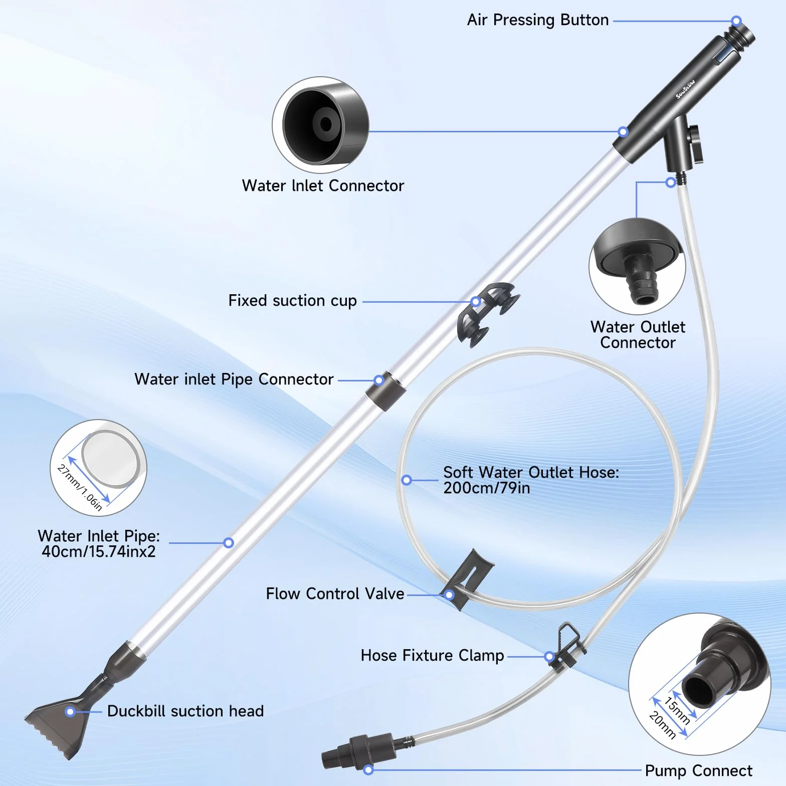 Aspirateur de Gravier réglable pour Aquarium, Siphon, Changeur d'Eau Manuel, Kit de Nettoyage