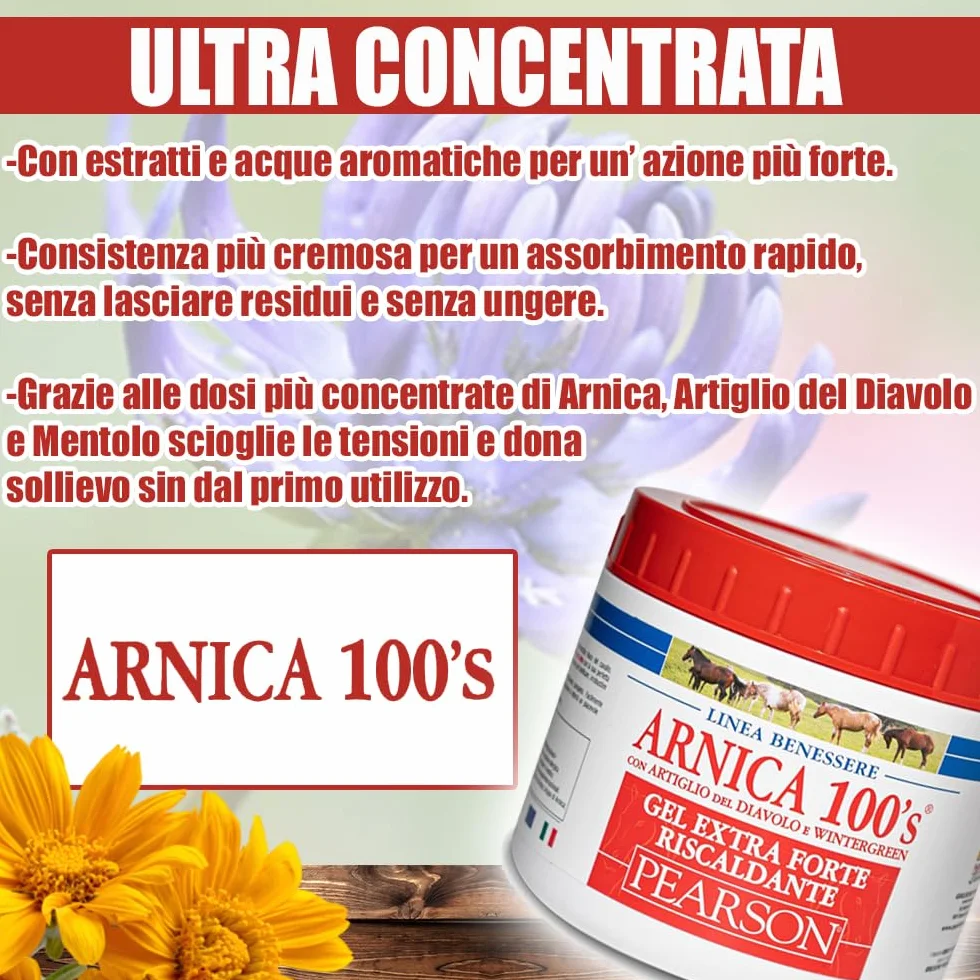 ARNICA 100'S Gel chauffant extra-fort Pearson pour chevaux 500ml Crème à l'arnica Gel fort griffe du diable et menthol Pommade défatigante relaxante