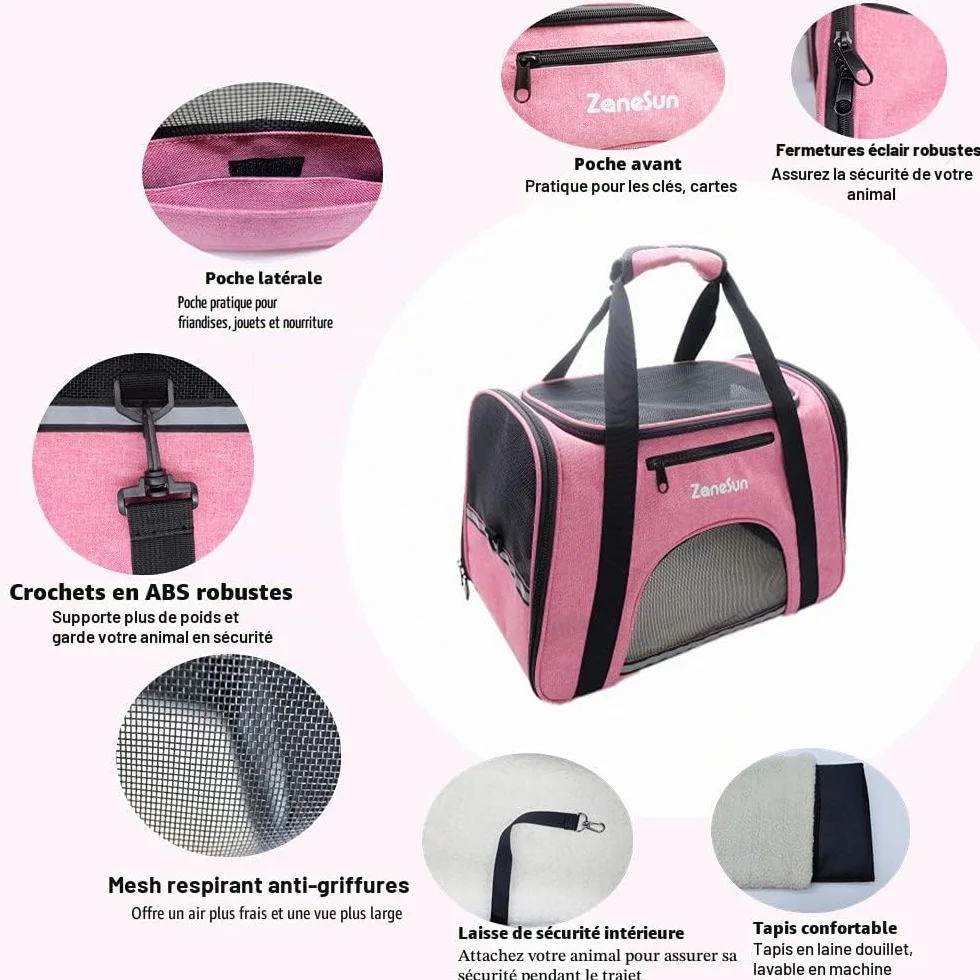 ZaneSun Sac de transport souple pour chat et chien petite taille, approuvé compagnies aériennes, voyage, respirant, 5 fenêtres maille rose
