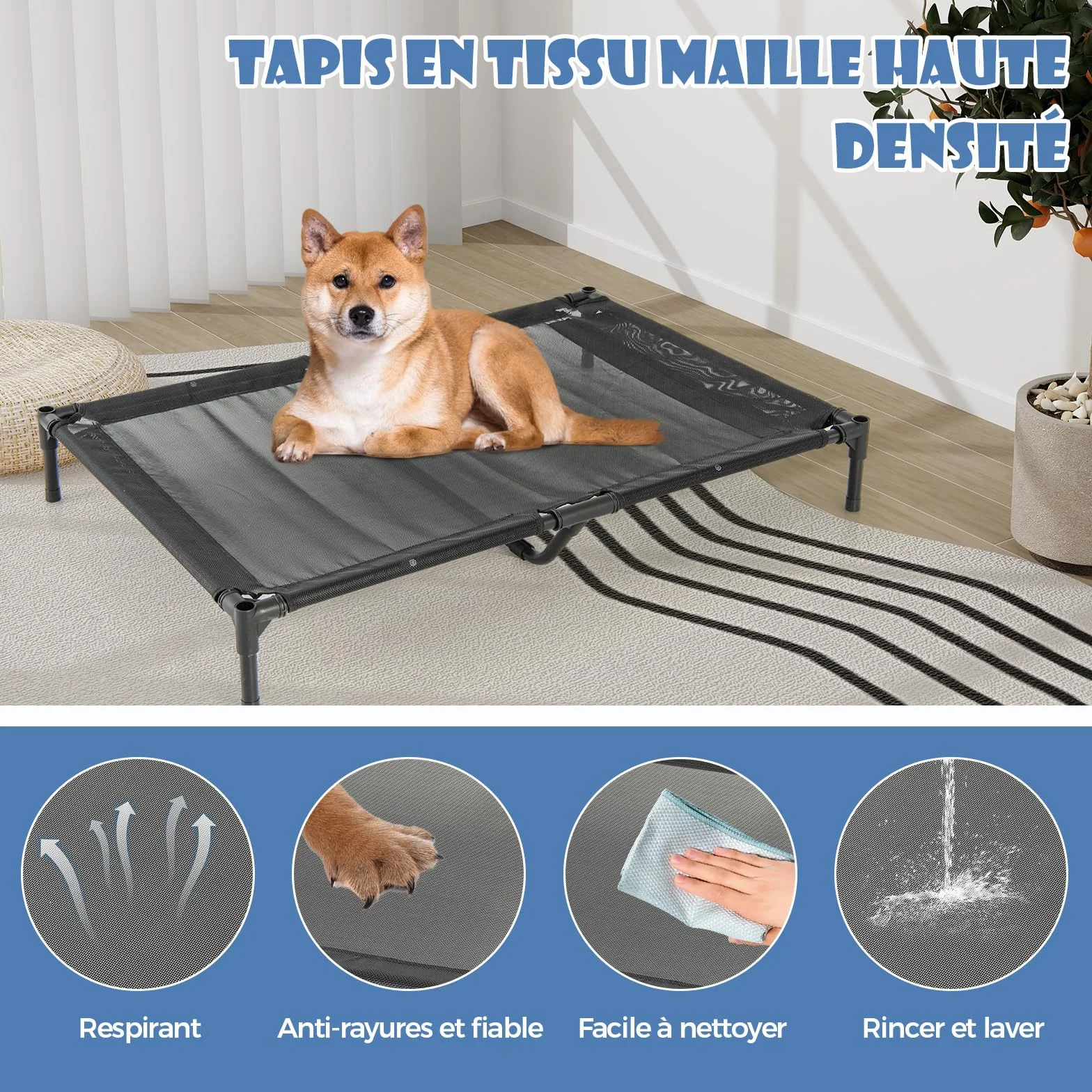 COSTWAY Chenil pour Chien 2 en 1 75x110x106 cm Tissu Oxford Fenêtre Ventilée Housse Amovible Base Surélevée 40 kg