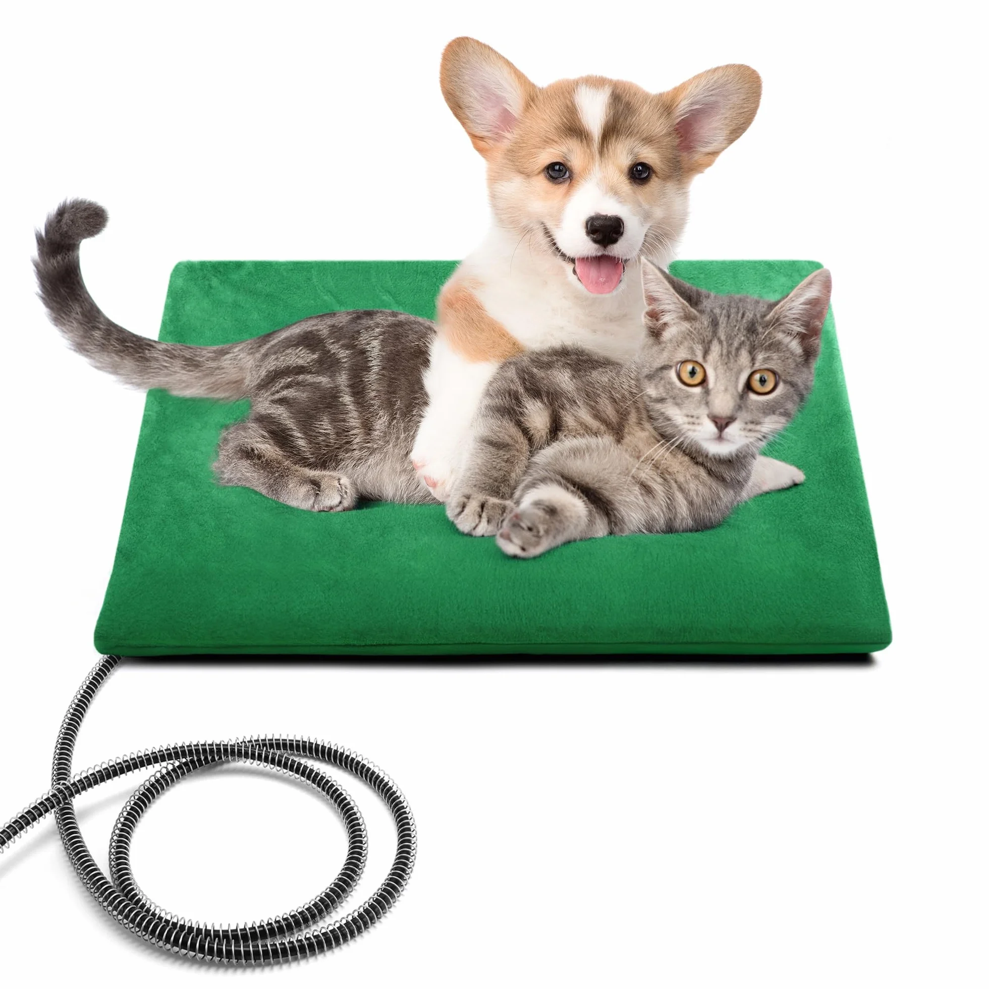 petnf Coussin Chauffant d‘Extérieur pour Chien et Chat - Température Auto-Régulée, Étanche, Câble Anti-Morsure - pour Niche, Maison de Chat et Panier, Vert, 40x50 cm