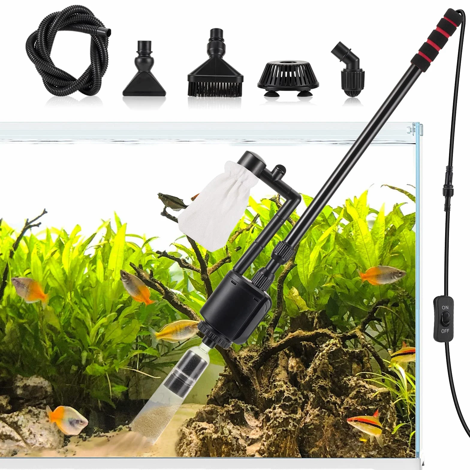 AQQA Nettoyeur électrique pour Aquarium,6en1Aspirateur Automatique pour Aquarium,Aspirateur de Gravier Électrique,Changeur d'eau Laveur
