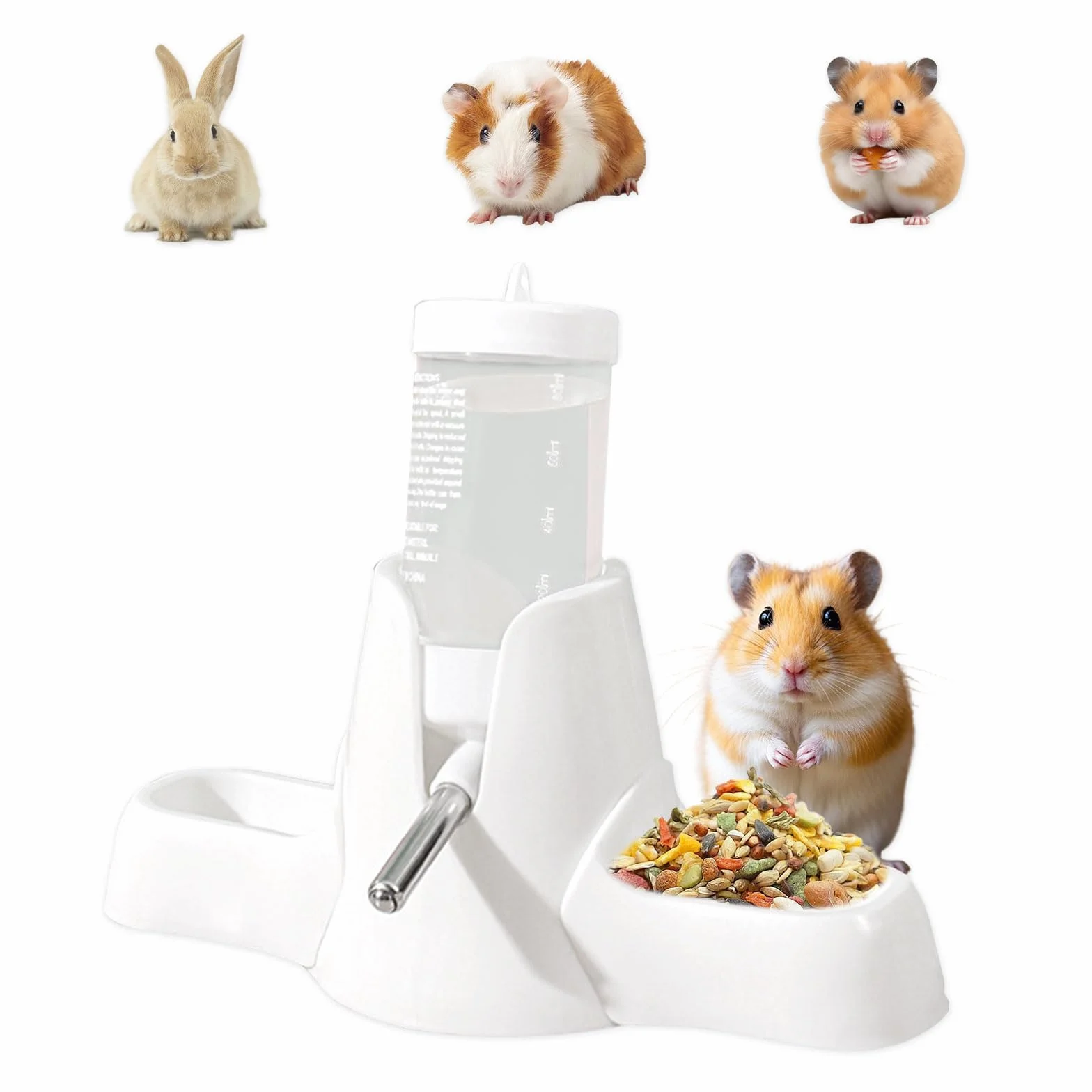 Bouteille d'Eau pour Hamster 80 ML Blanche, Distributeur Automatique 3 en 1 avec Double Bol et Support, sans Fuite