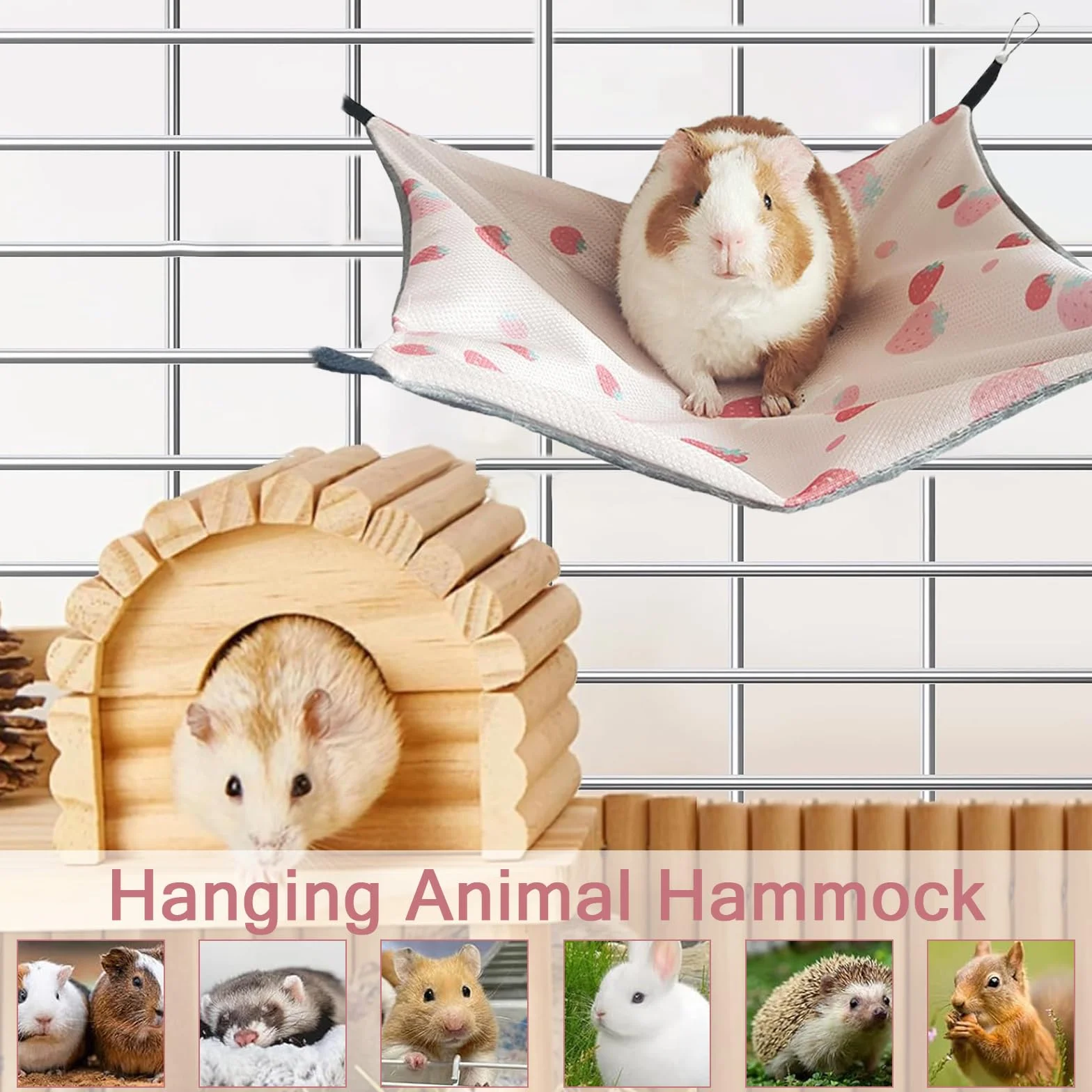 Hamac Cochon d'Inde Avocat Cousu Main 34CM x 34CM Cage Furet Réglable Librement pour Repos Jeu Sieste Cabane Lapin Conception Antidérapante pour Lapin Hamster Cochon d'Inde (Fraise Rose)