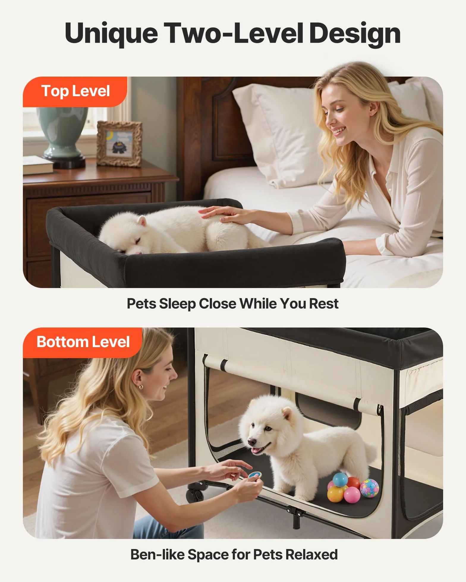 VEVOR Lit Surélevé pour Chiens Chats Pliable, Tissu Oxford 600D Velours Hollandais, Roues Pochettes Latérales, Taille XL Beige
