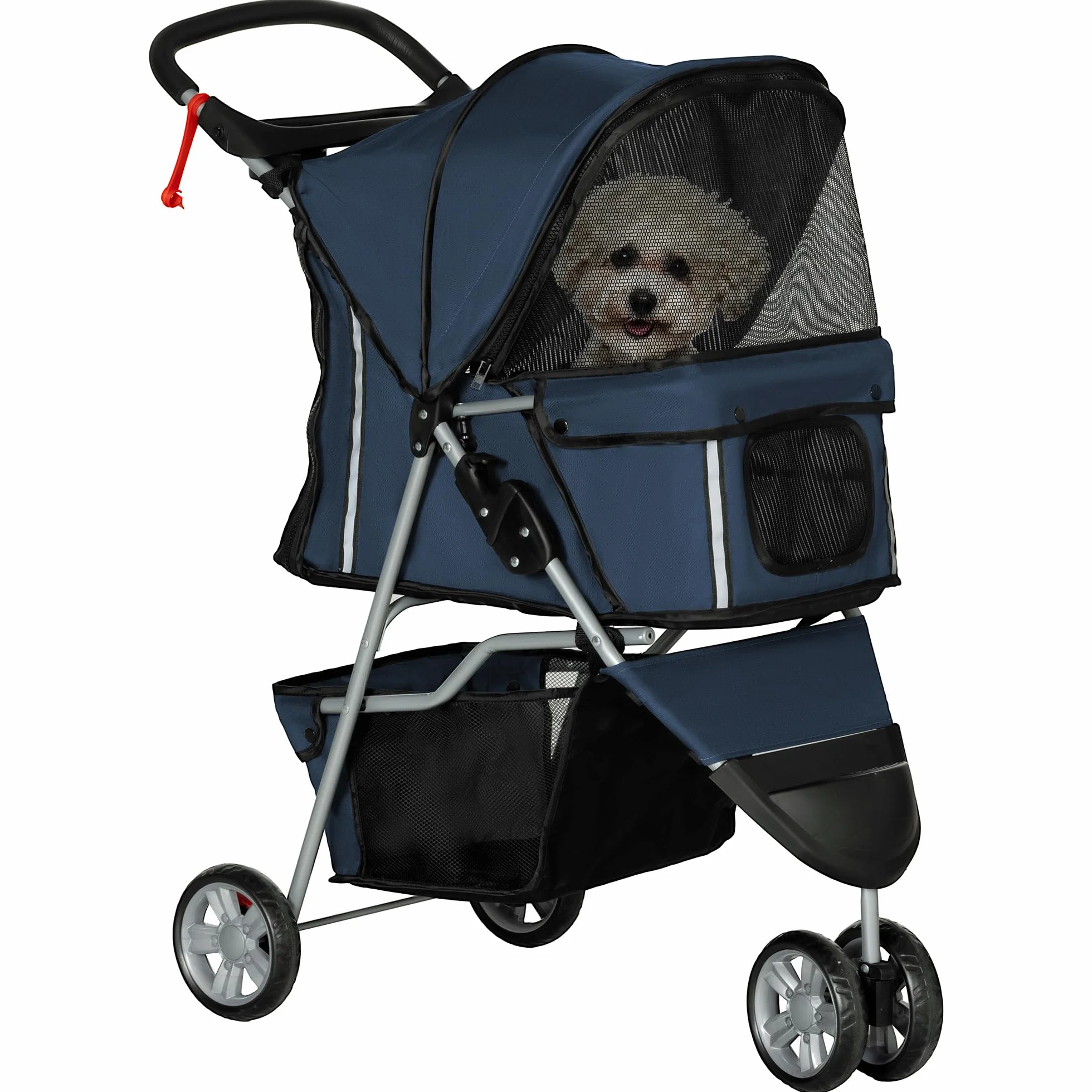 PawHut Poussette Buggy Pliable Animaux Chien Chat, Chariot Pliant avec Porte-Gobelet Panier Roues Frein, Tissu 600D Oxford, 75x45x97 cm Bleu Foncé
