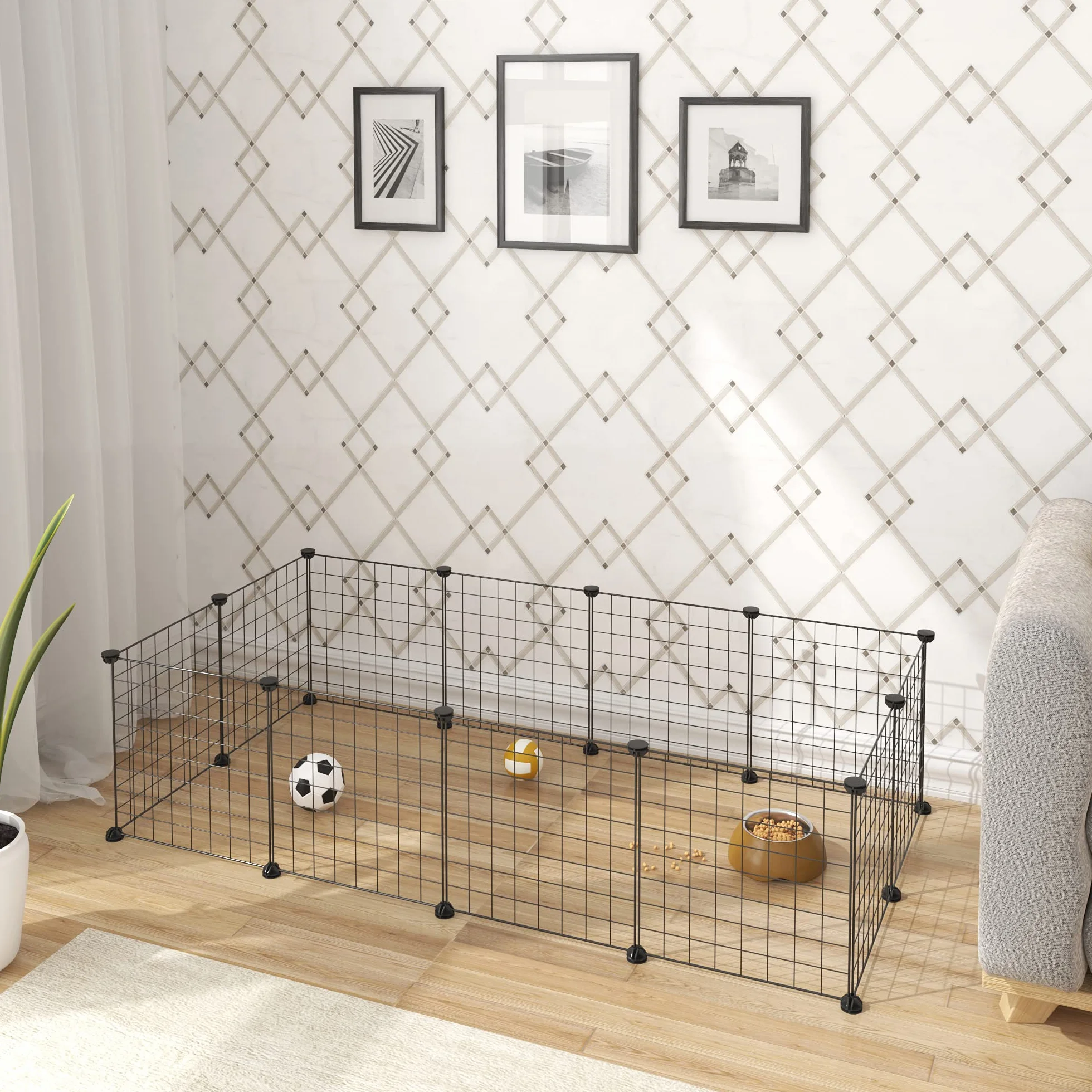 EUGAD Enclos Lapin Parc Intérieur Métallique Noir Lot 12 Panneaux Grillagés 142x72x36CM