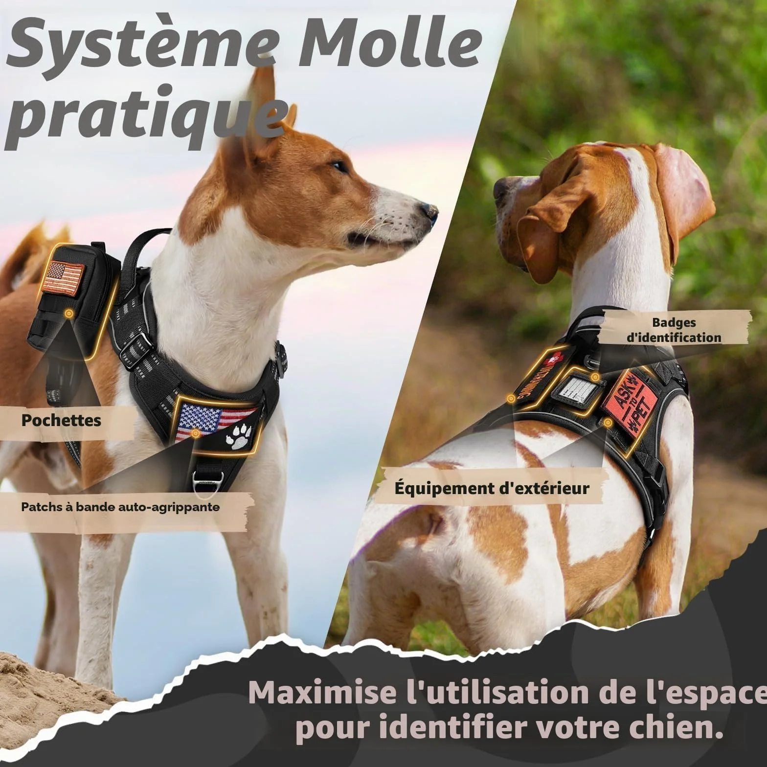 Rabbitgoo Harnais Chien Anti Traction Tactique Réfléchissant Réglable avec Poignée et Anneaux, Gilet Solide Facile à Mettre, Noir, L