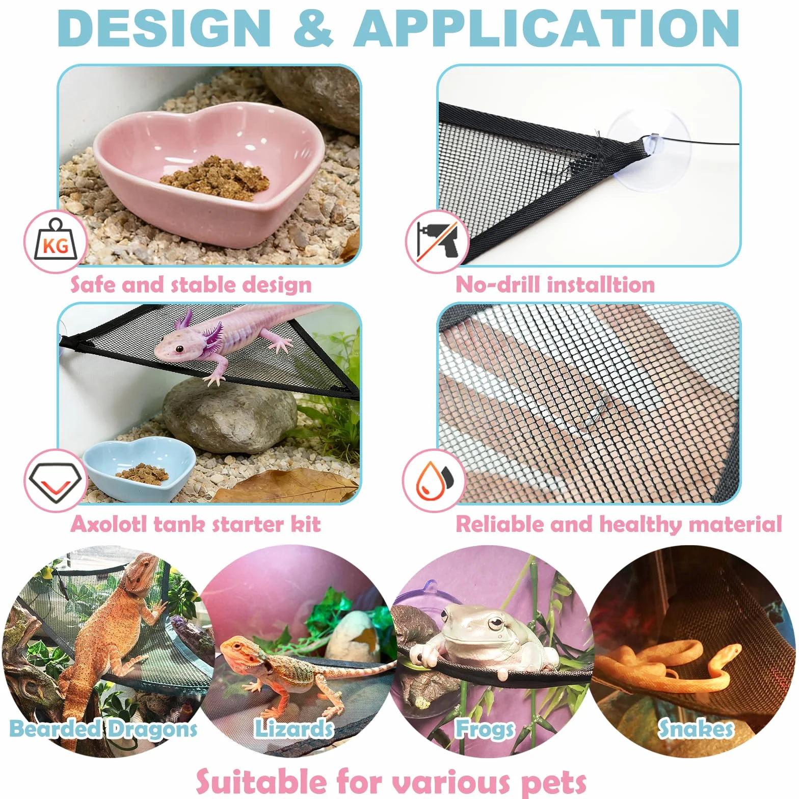 Axolotl Hamac pour aquarium avec gamelle, accessoires de réservoir Axolotl – Hamac en maille respirante pour reptiles avec plateau d'alimentation pour dragons barbu, geckos, lézards, serpents