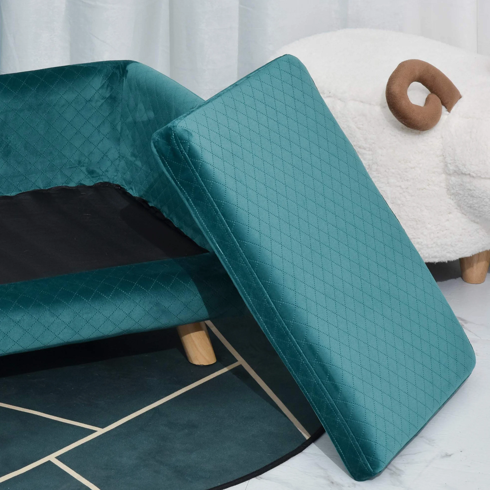 PawHut Canapé Chien lit pour Chien Design scandinave Coussin Moelleux Pieds Bois Massif 64 x 45 x 36 cm Velours Bleu Canard