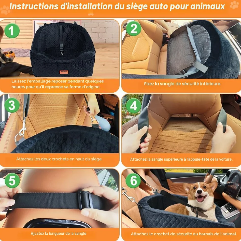 Siège Auto pour Petit Chien Rehausseur Amovible Lavable jusqu'à 11,3 kg Lit de Voyage avec Rangement Ceinture de Sécurité Noir