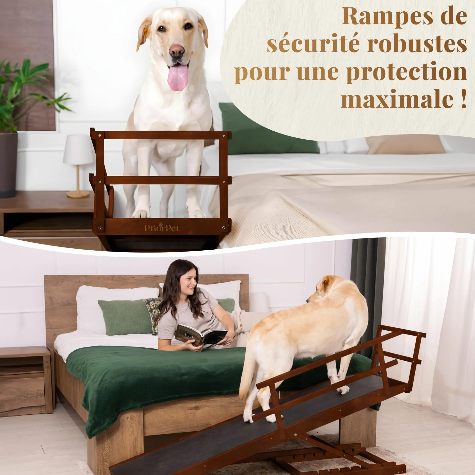 Rampe pour Chien Grande Taille avec Barrières de Sécurité, Pliable, Antidérapante, Bois de Bouleau, Noix, jusqu'à 94,5 cm, 90 kg