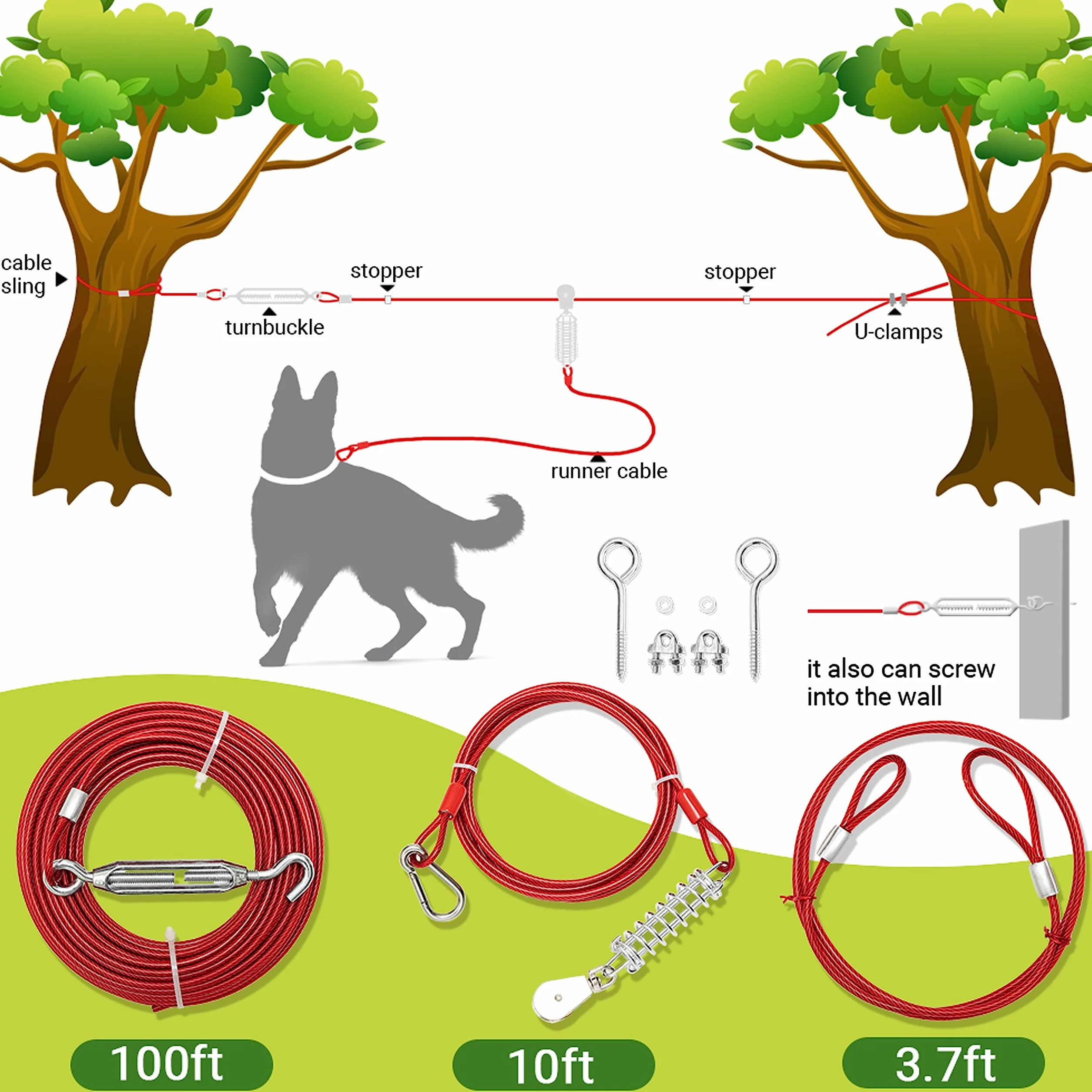 Câble d'attache pour chien 30,5 m long avec câble de course 3 m anti-mastication robuste extérieur