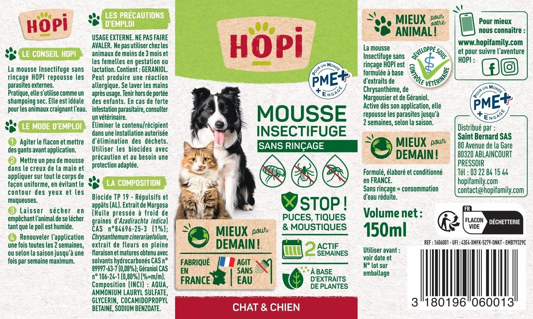 HOPI Mousse Insectifuge sans rinçage Chat et Chien 150 ML - Repousse Puces, Tiques et Moustiques - Extraits de Plantes Naturelles