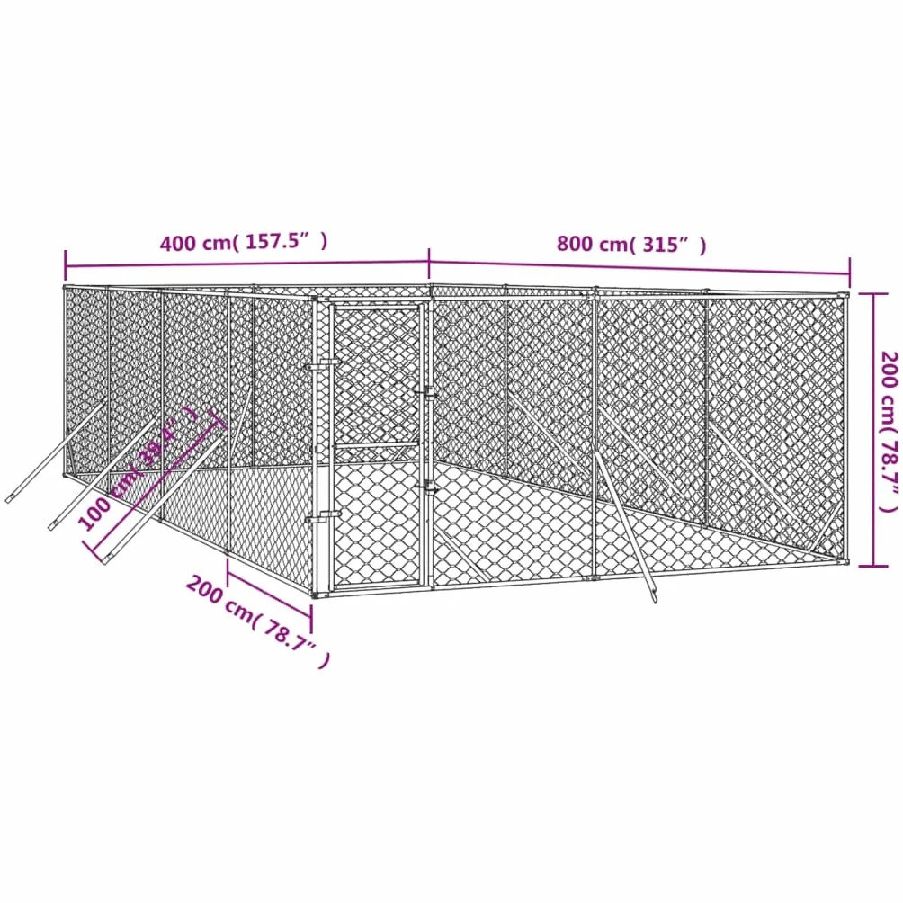 Chenil d'extérieur pour Chien Enclos Cage Métal Acier galvanisé 4x8x2 m argenté