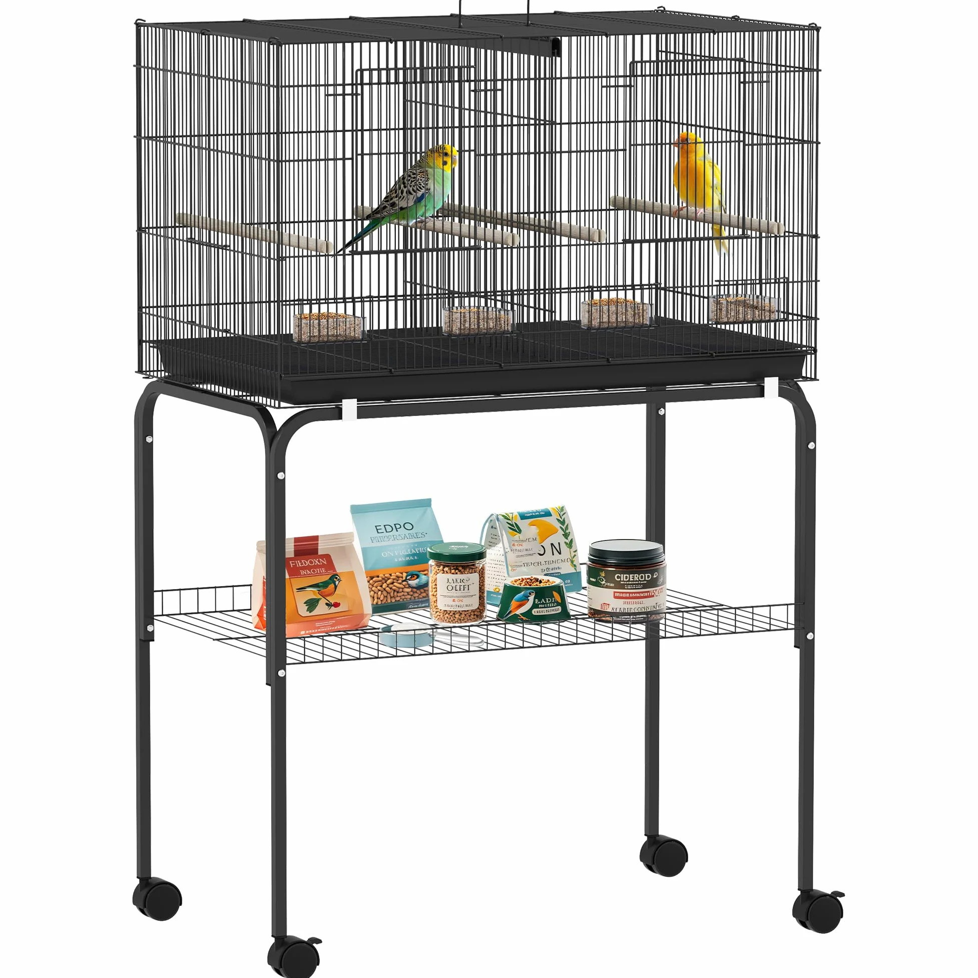 PawHut Cage à Oiseaux Volière Acier Séparateur Perruches 76x46x116cm Noir | Intérieur, 4 Perchoirs, Plateau Coulissant, 4 Mangeoires, Support avec Étagère et roulettes, Canaris, Pinsons