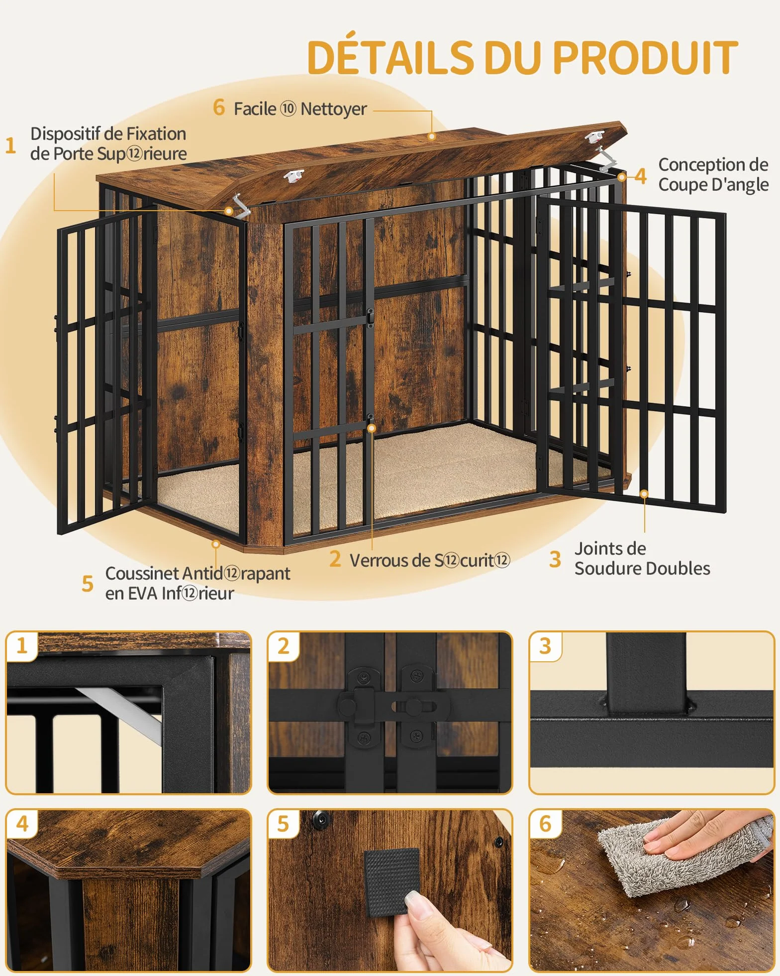 Cage pour Chien en Bois Hzuaneri, 120 x 75 x 81 cm, Marron Rustique, Multi-Portes