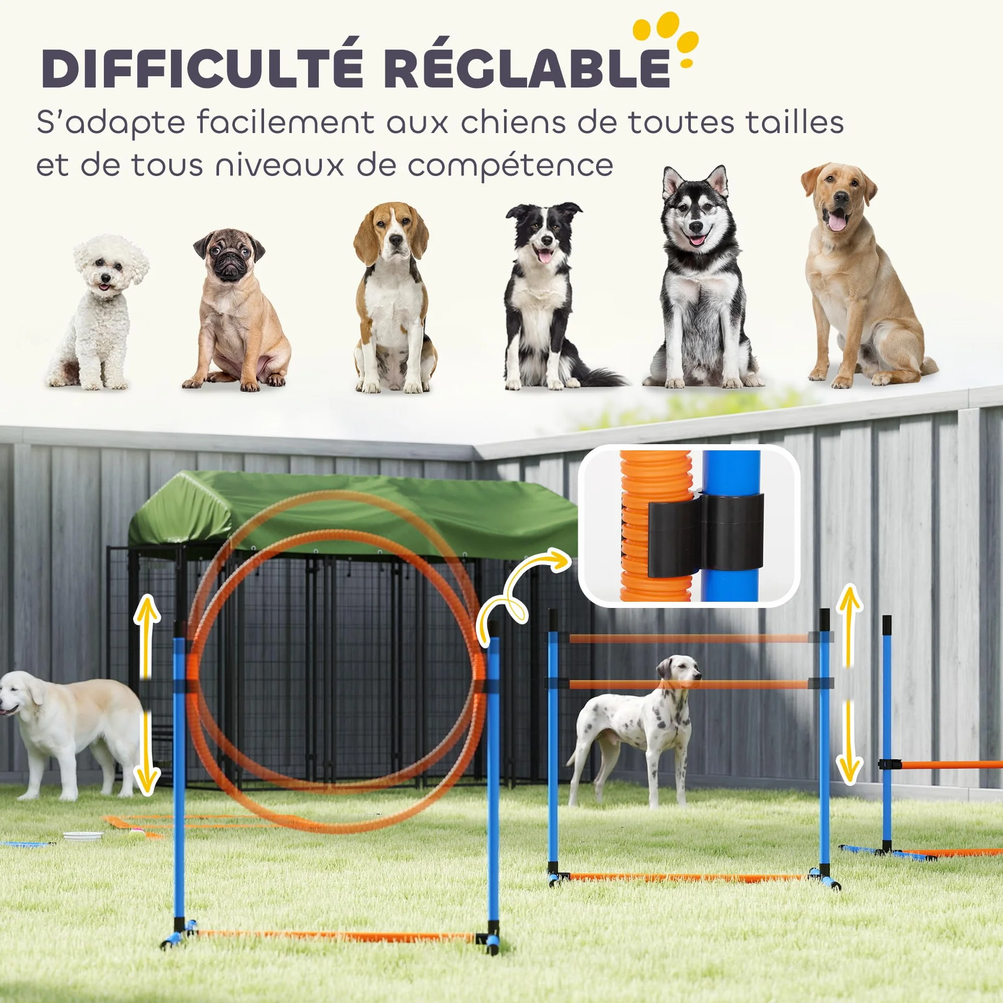 PawHut Ensemble d'Agilité pour Chien 11 Pièces avec 2 Tunnels, Sauts Ajustables, Anneau, Piquets, Zone de Pause, Sac de Transport