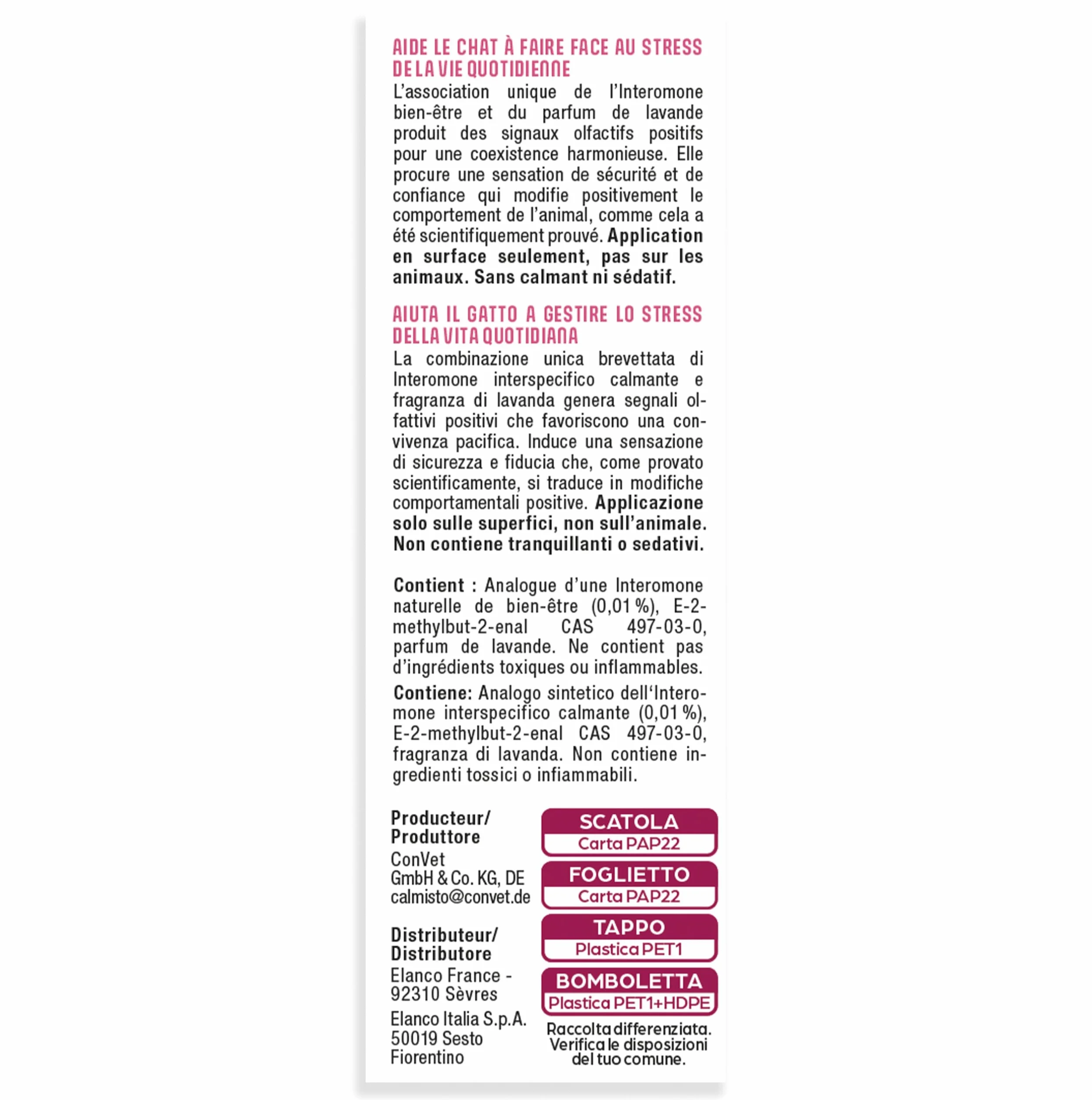 Spray Calmisto Anti-Stress pour Chat 75 ML à Base d'intéromone et de Lavande