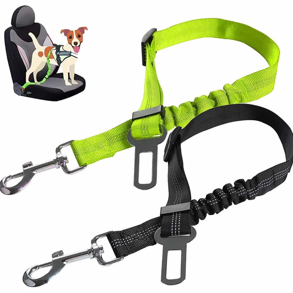 2 Pièces Ceinture Chien Voiture, Harnais Chien Universel Laisse pour Voiture avec Absorption de Chocs Clip de Harnais pour Animaux de Compagnie Accessoire pour Chats et Chiens (Noir, Vert)