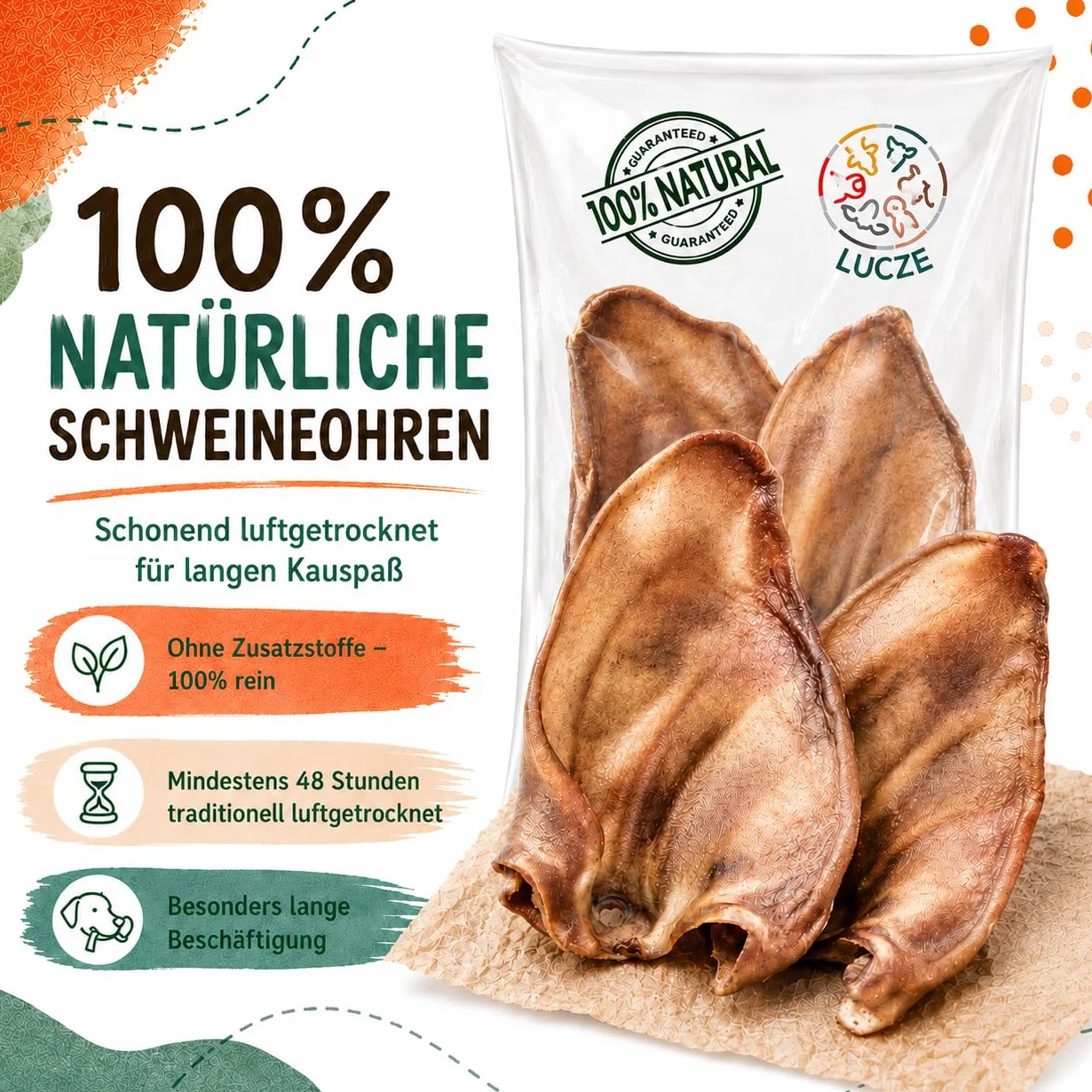 Lot de Oreilles de Porc pour Chiens 1kg, Environ friandises à mâcher 100% Naturelles sans Produits Chimiques, sans céréales, Article à mâcher pour Petits et Grands Chiens, Lucze