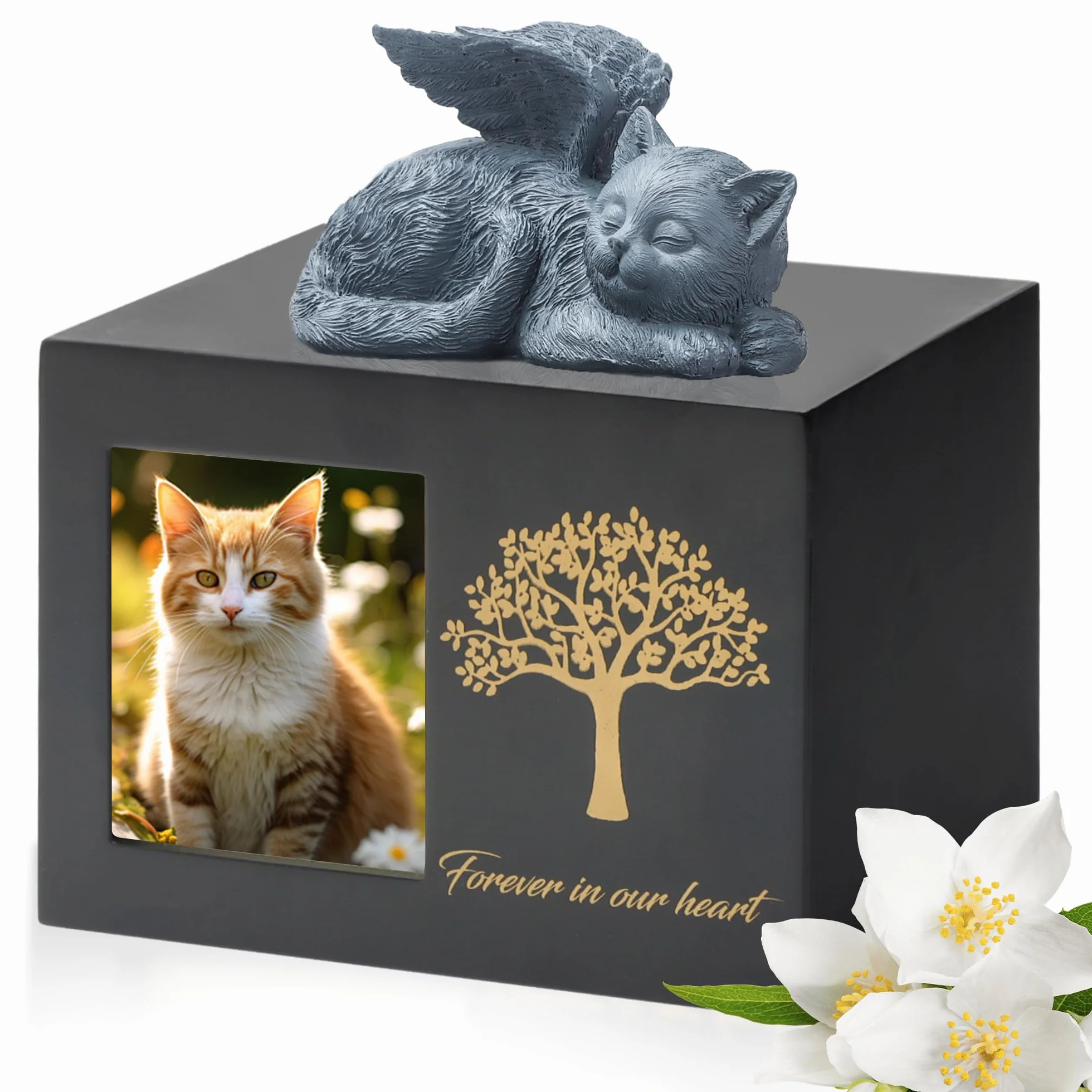 Urne pour chat en bois avec statue de chat en résine et pochette en velours