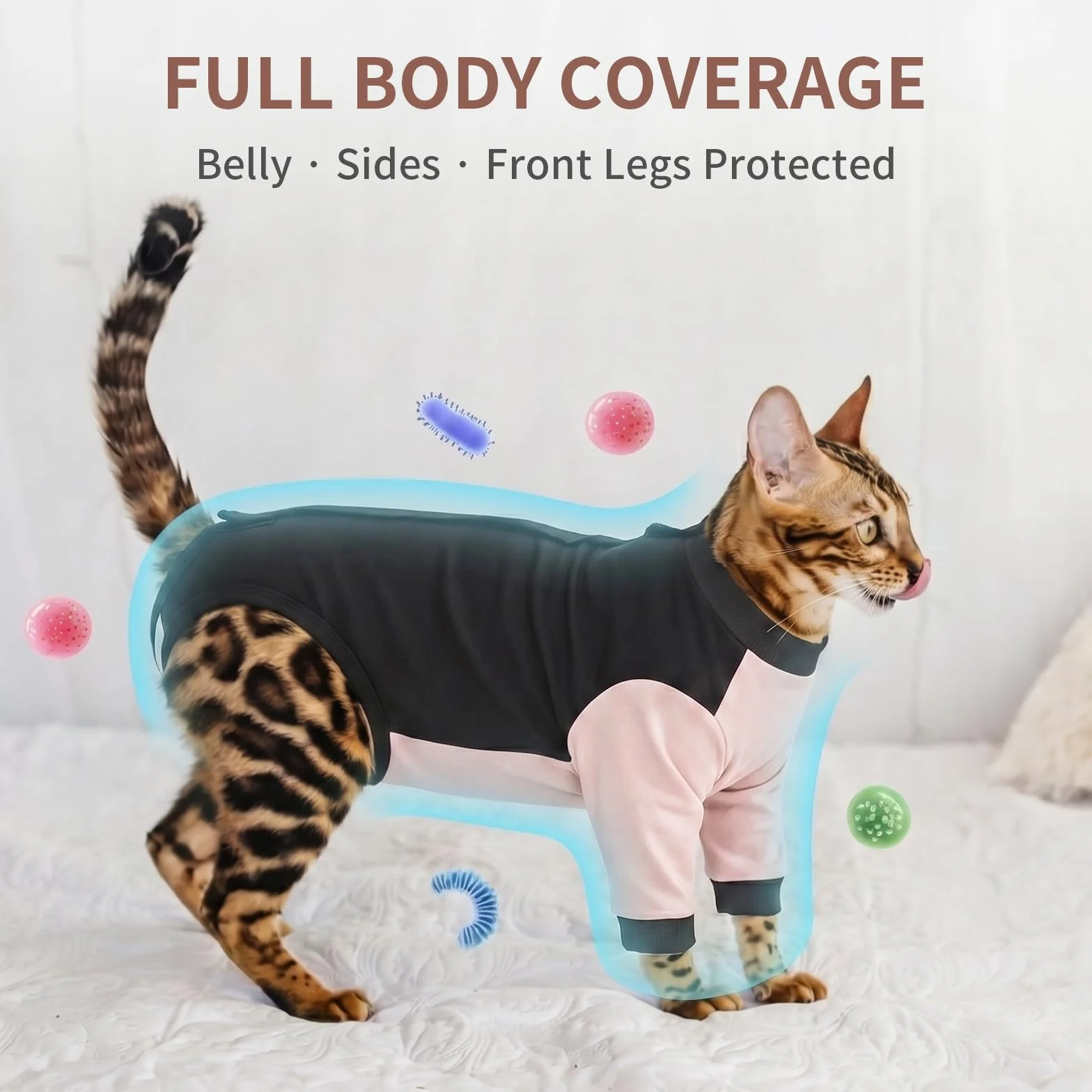 Body Chat Anti Léchage Coton Doux Élastique Vêtement Protection Plaies Abdominales Manches Longues Rose poudré XL