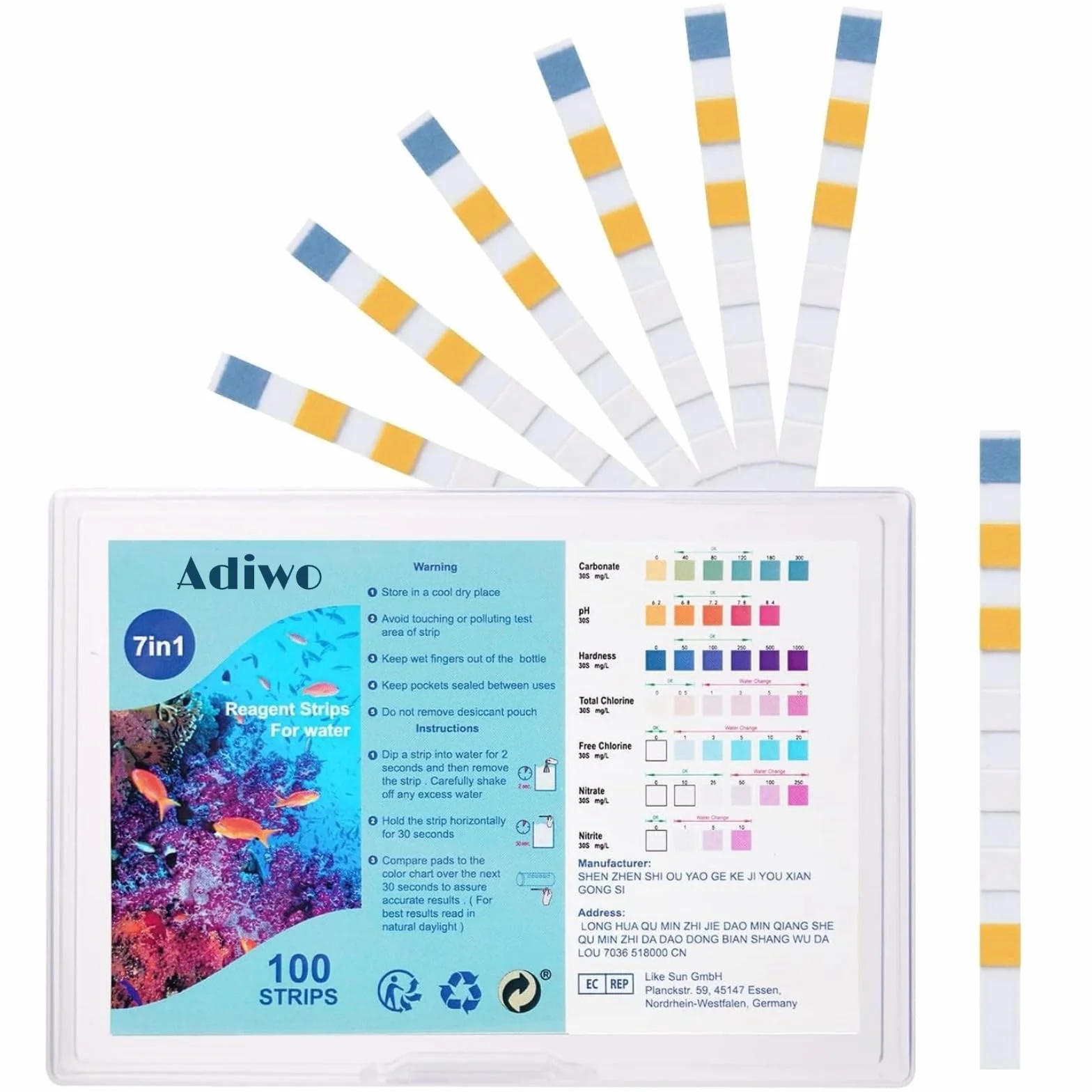 Bandelettes de Test d'Aquarium 7 en 1, 100 Bandelettes de Test Eau Dureté Totale, Alcalinité, Carbonates, Nitrates, Nitrites, Chlore Libre pH, Cuivre Test Rapide