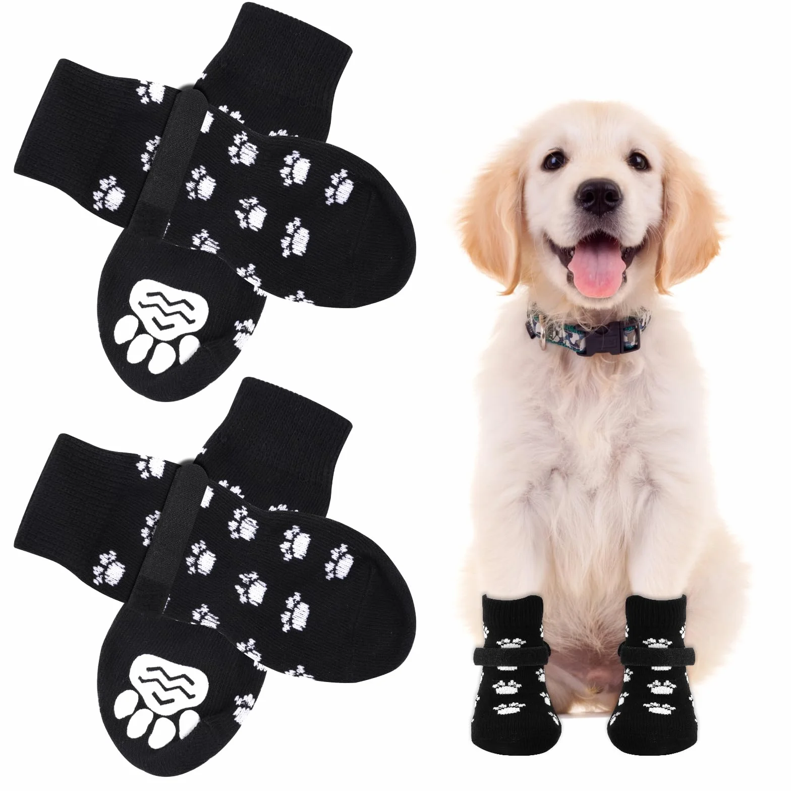 AUAUY Chaussettes Anti-Dérapantes Chien Chat Protège Pattes Sols Intérieurs Bandes Fixation Réglables Petits Moyens Chiens Chats S