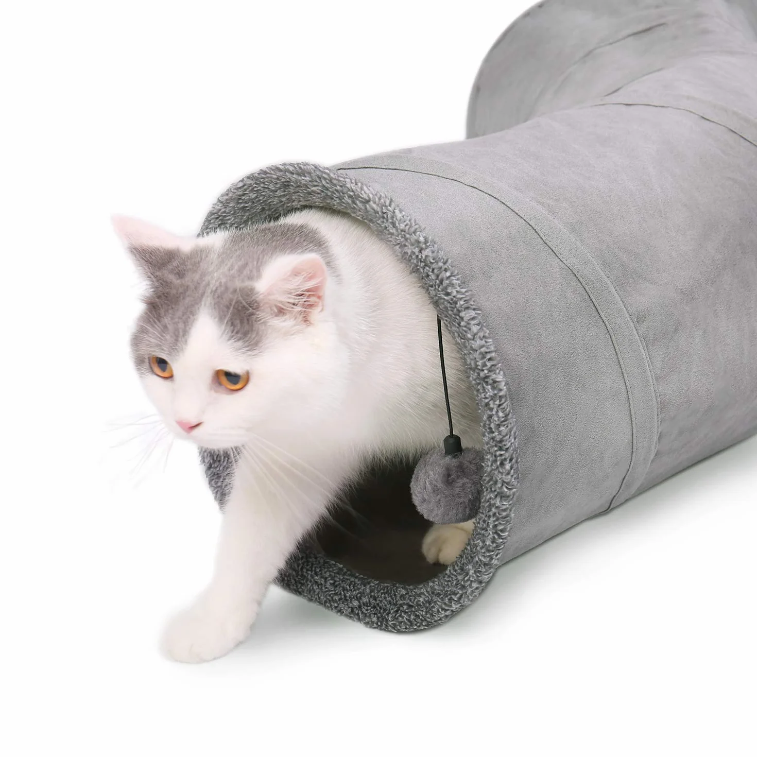 OHANA S Forme Jouet Tunnel pour Chat en Daim, Grand Tunnel a Chat Pliable avec 2 Trous et Boule Suspendue pour Chats Chatons Lapins Dia27 * 117cm