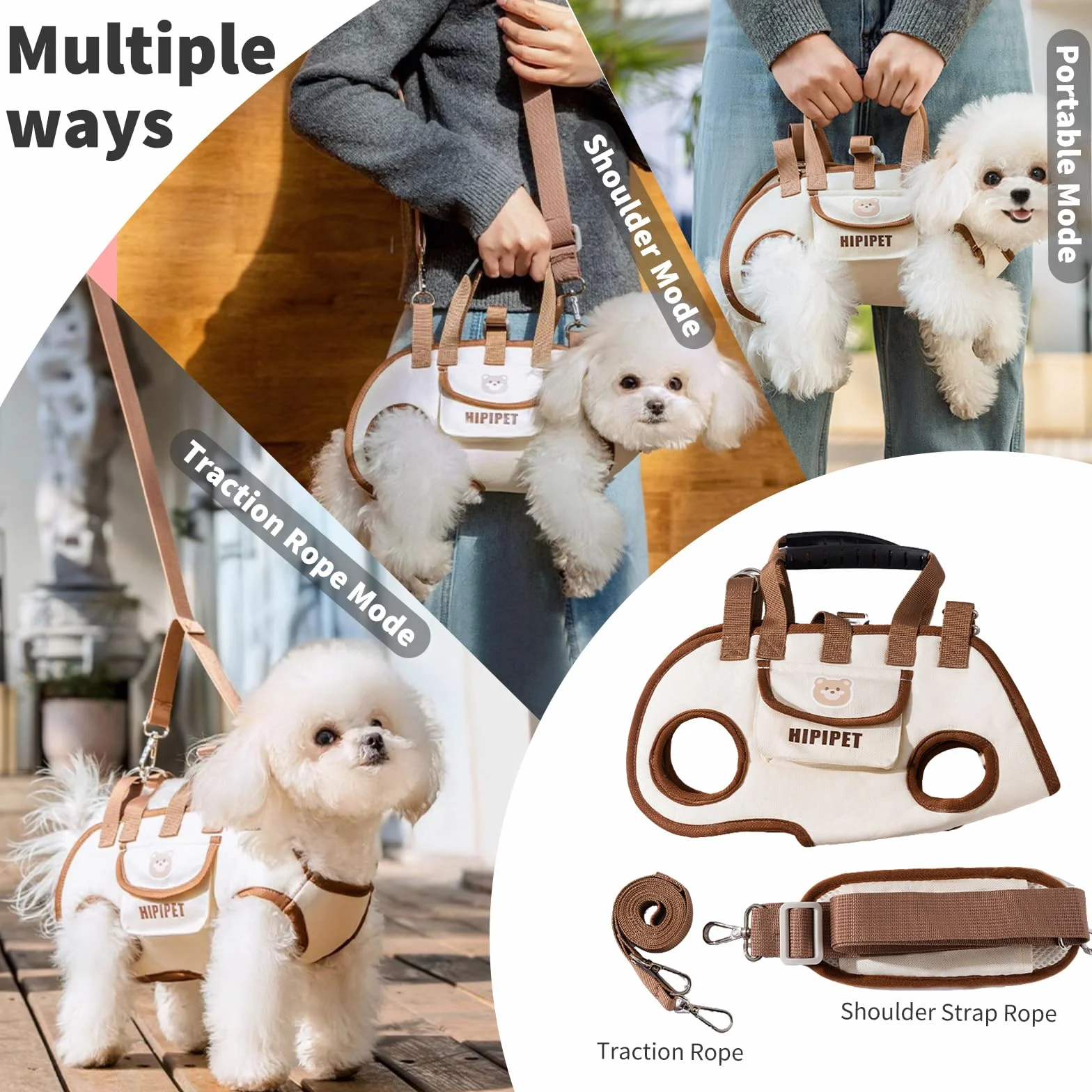 PETCUTE Sac à Bandoulière Mains Libres pour Chien, Sac de Transport avec Poche, Harnais Respirant Réglable pour Chat et Chiots