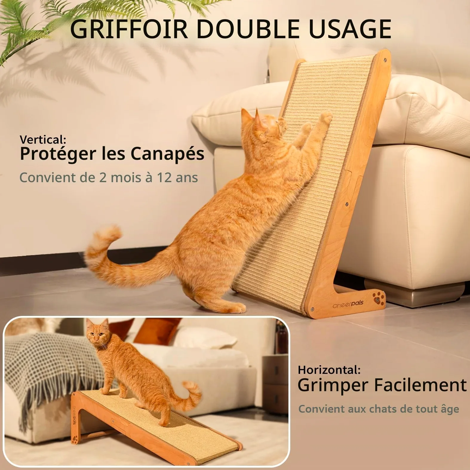 CheerPals Arbre à chat double face en sisal pour chat - 63 cm de haut - Bois de hêtre massif et sisal naturel - Arbre à chat en forme de L pour tous les chats - Pour jouer, se détendre
