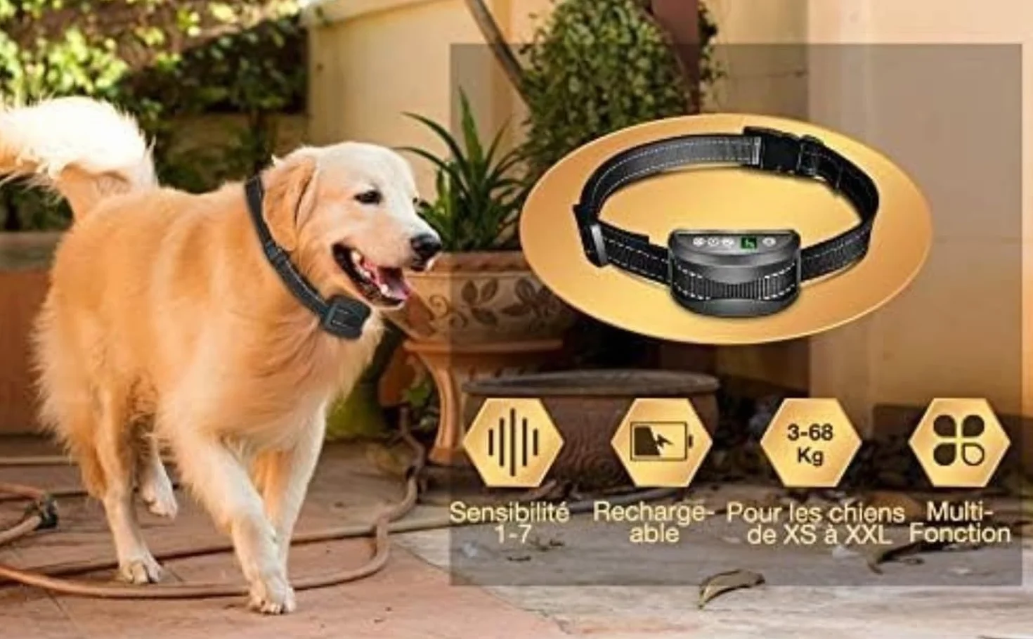 Collier Anti-aboiement Chien 3 Modes Choc Électrique Vibration Sensibilité Batterie Rechargeable Sangle Réfléchissant Réglable