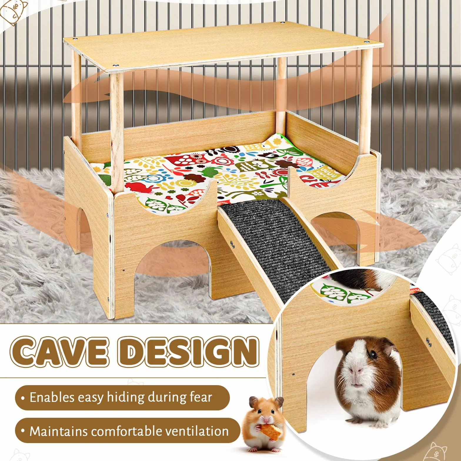Maison pour cochon d'Inde, cachette pour hamster, lapin, jouets pour cochons d'Inde, accessoires pour cochons d'Inde, maisons et habitats pour petits animaux (bois)