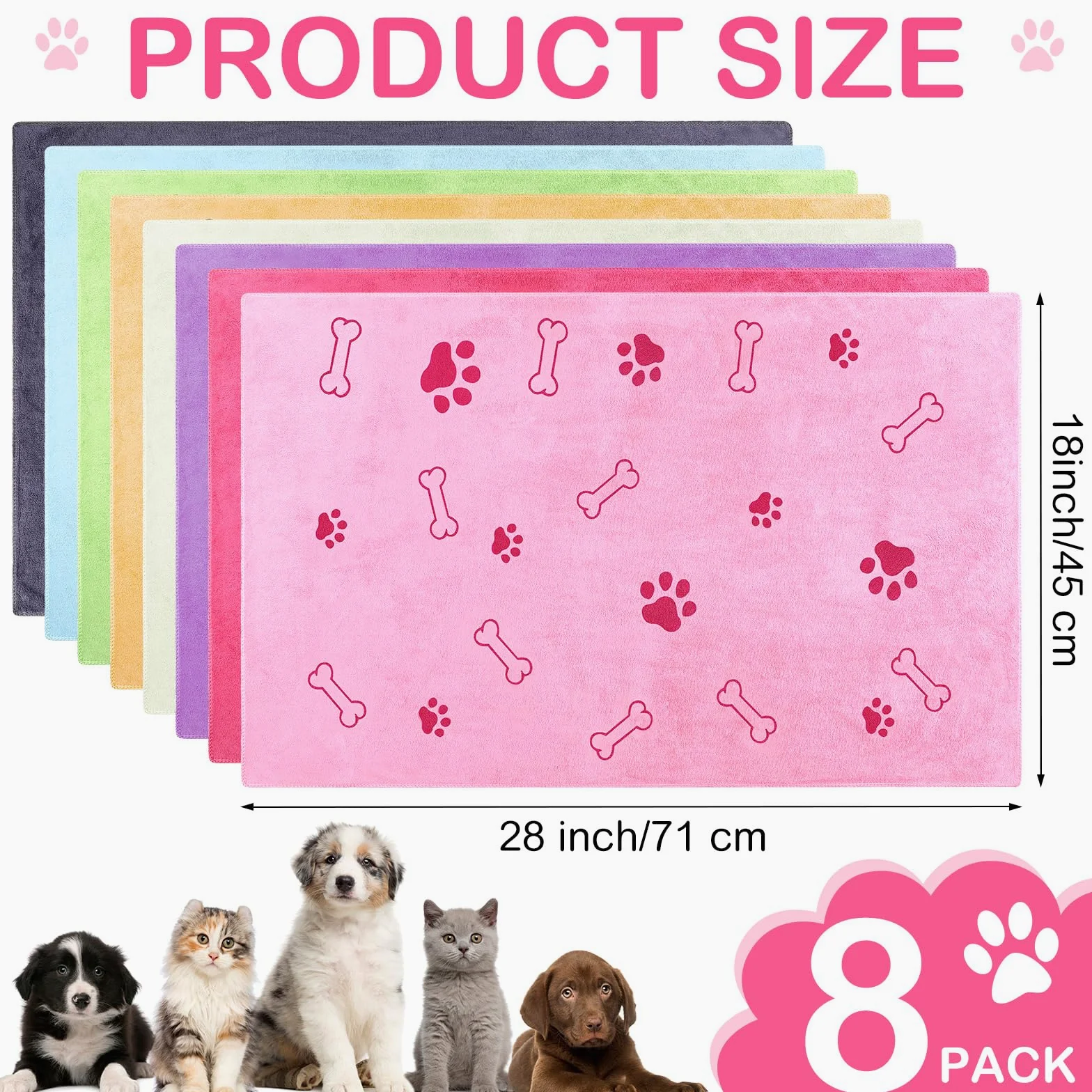 Chumia Lot de 8 serviettes de bain en microfibre à séchage rapide pour chiens et chats - Serviettes de bain absorbantes pour chiens et animaux de compagnie de taille moyenne (45,7 x 71,1 cm, couleur